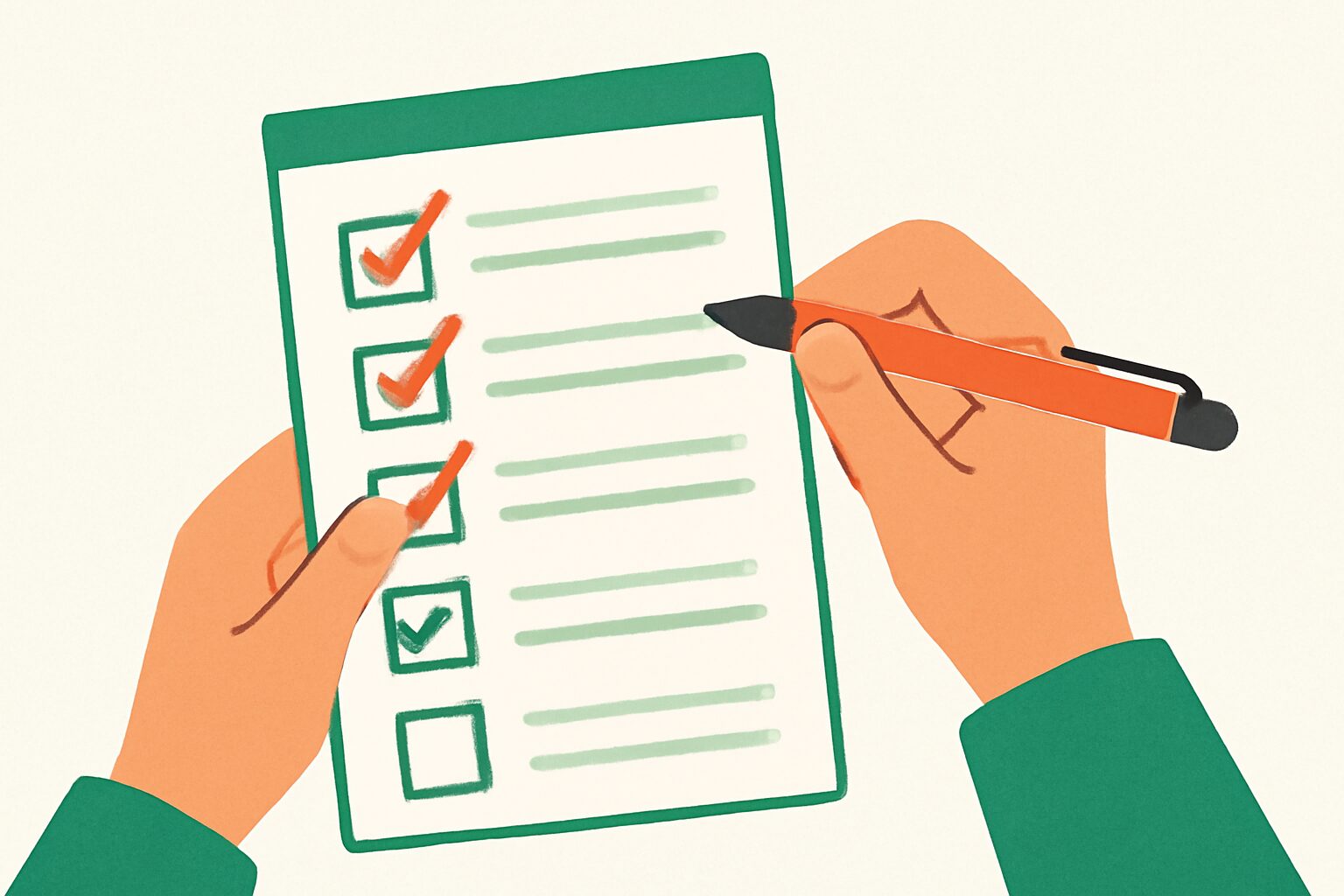 チェックリストとペンを持つ手のフラットイラスト、緑とオレンジのアクセントカラー、テキストなし