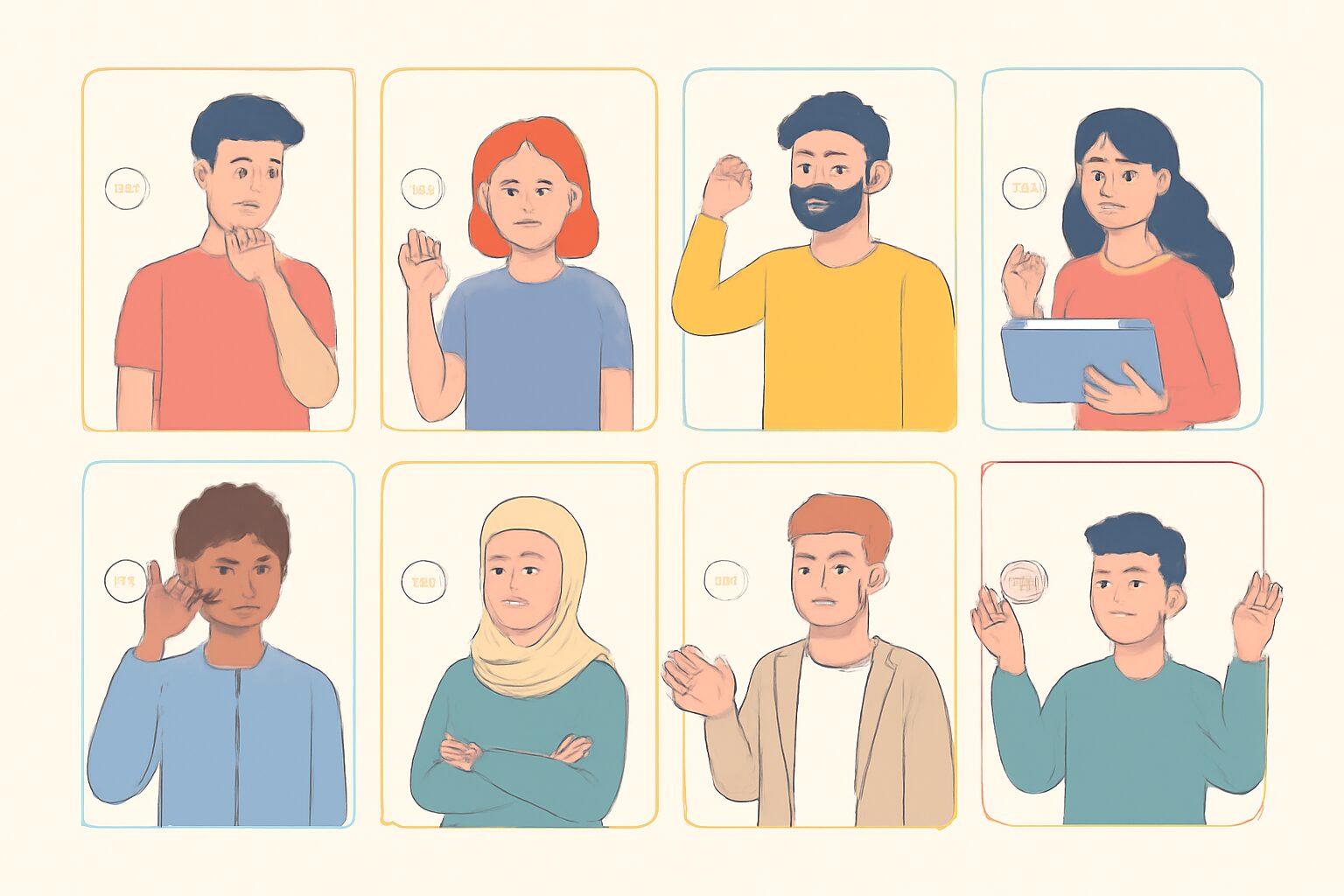 さまざまなタイプの人物がそれぞれの特徴を示しているフラットイラスト、チェックリスト風レイアウト、パステルカラー、テキスト