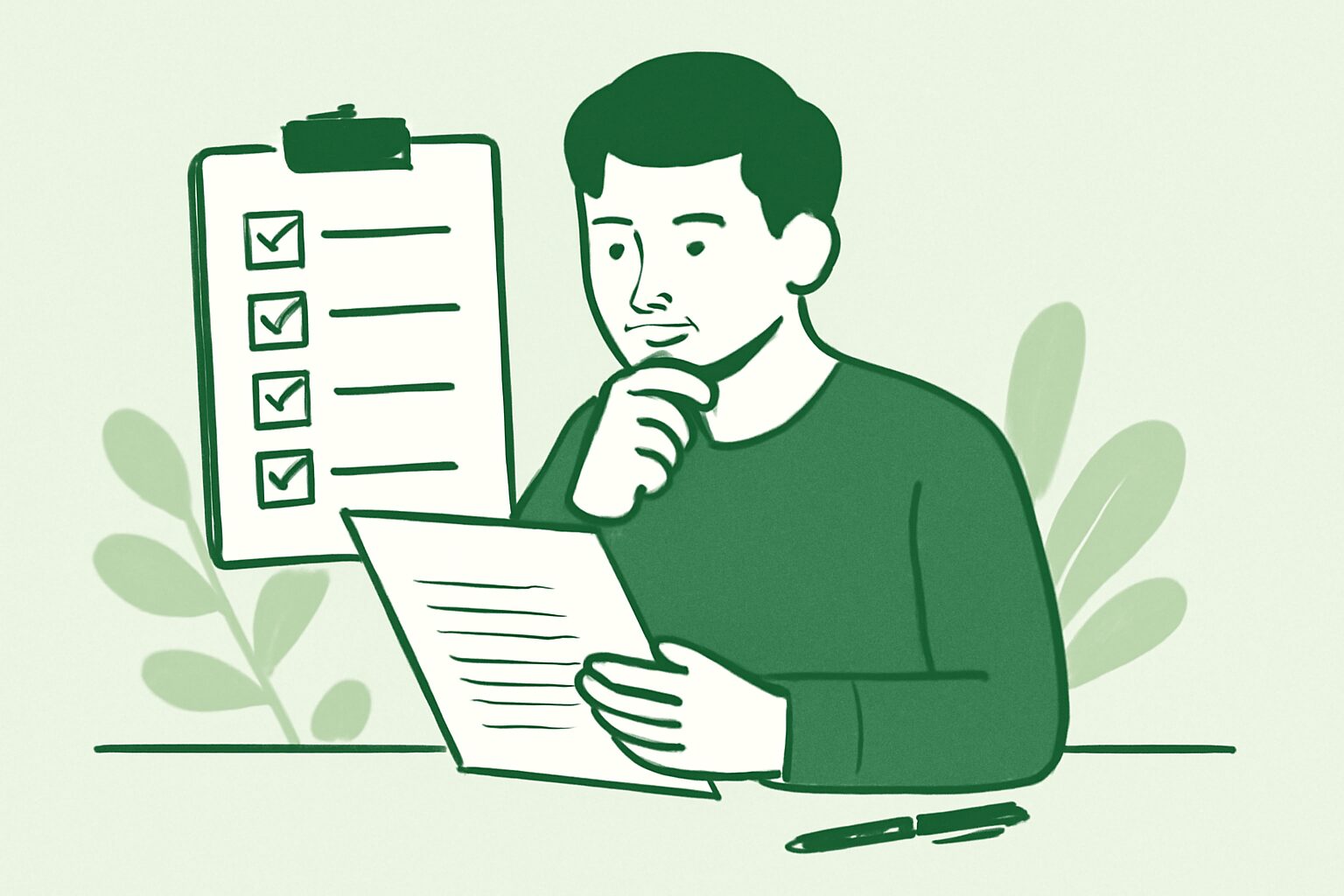 チェックリストを確認しながら提案文を推敲している人物のフラットイラスト、緑と白の配色、テキストなし