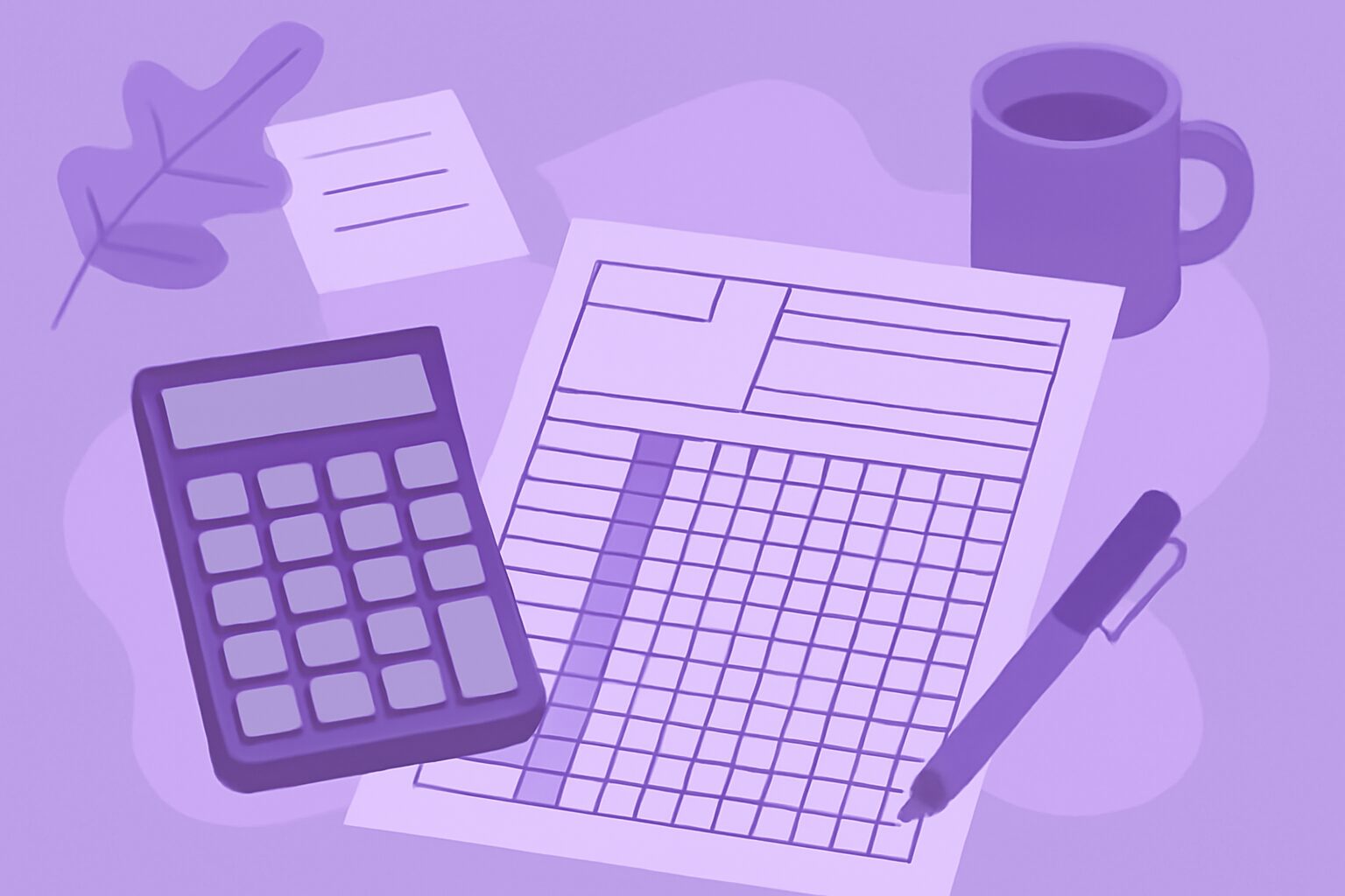 電卓と確定申告書類を前にしたデスクワークのフラットイラスト、紫系カラー、テキストなし