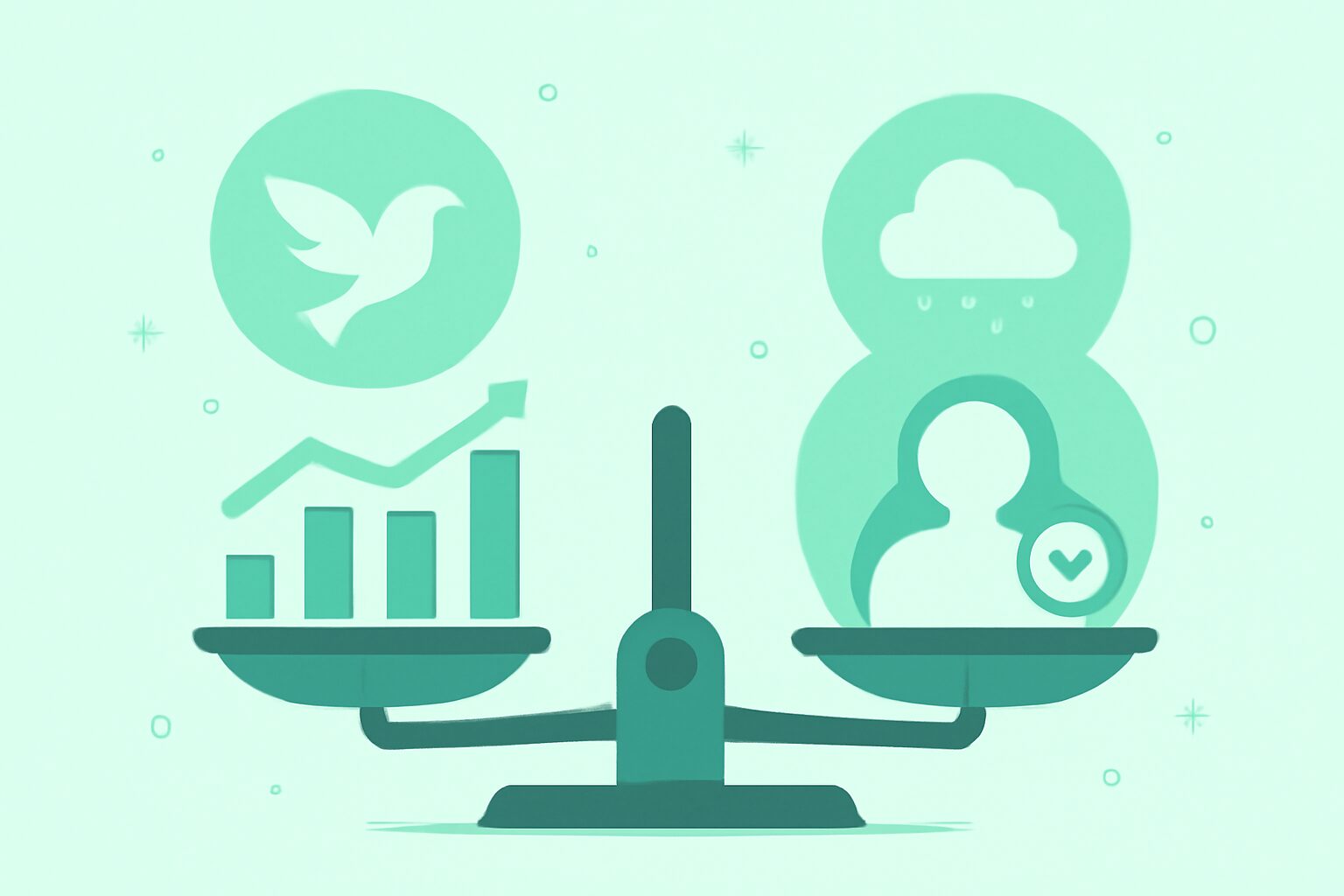 天秤の両側にメリット（自由・高収入）とデメリット（不安定・自己管理）のアイコンが載ったフラットイラスト、ミントグリーン基