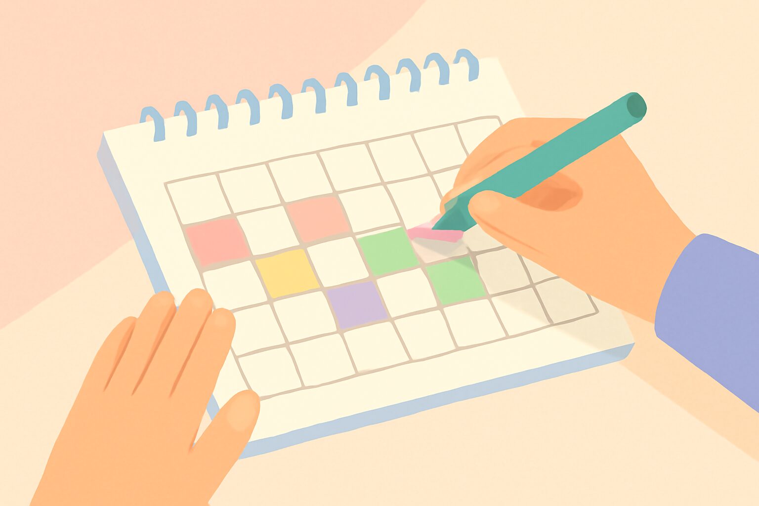カレンダーにカラフルなマーカーで休日を書き込んでいる手元のフラットイラスト、パステルカラー、テキストなし