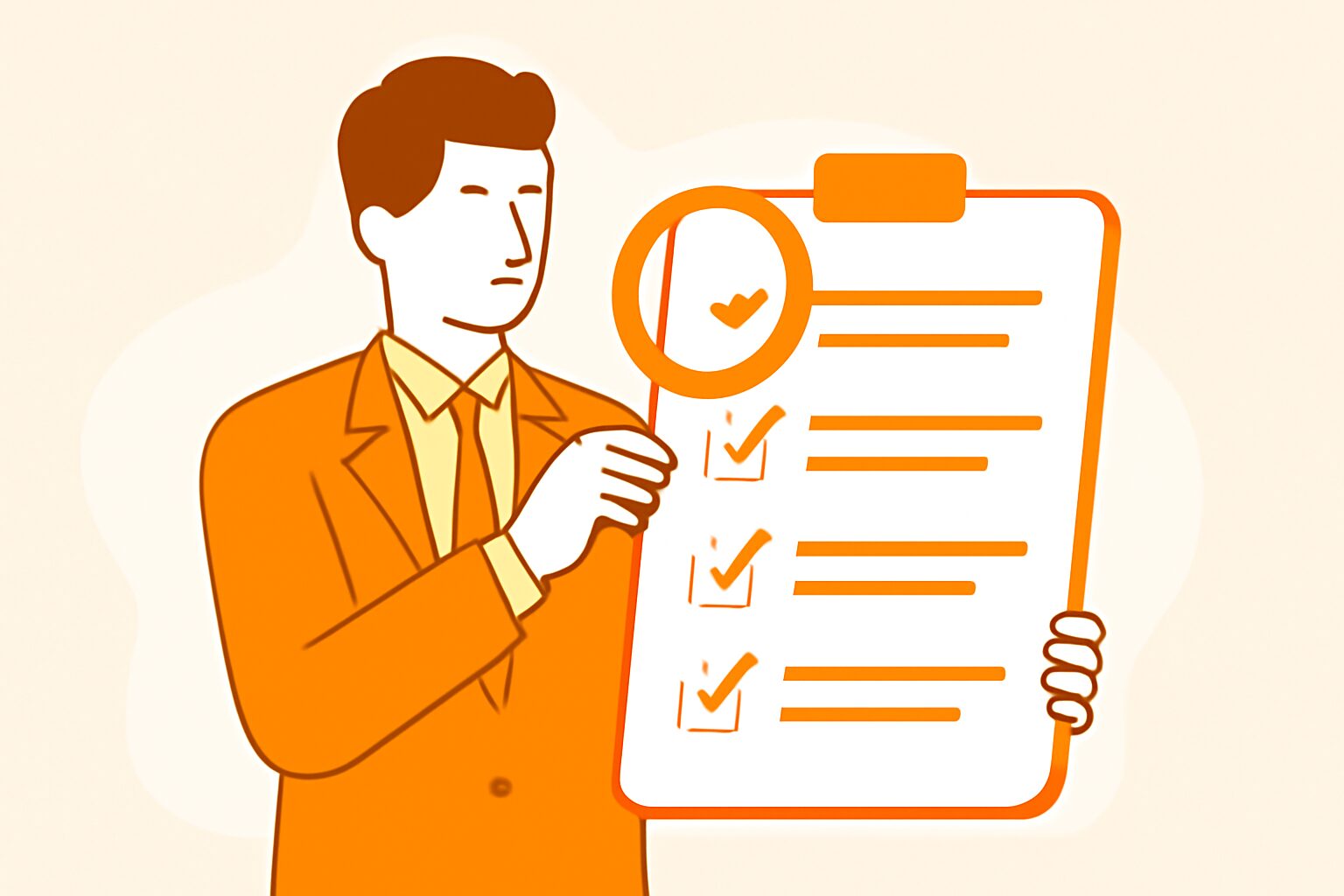 チェックリストとルーペを持つビジネスパーソンのフラットイラスト、オレンジと白系カラー、テキストなし