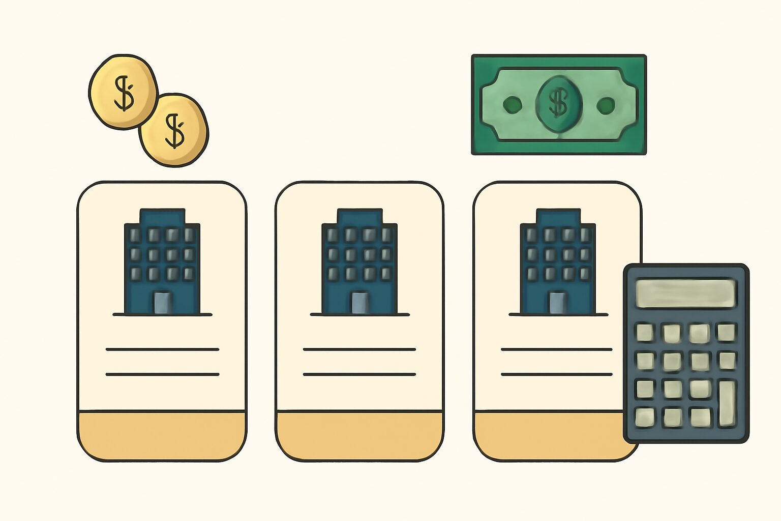 バーチャルオフィスの料金プランを比較するイメージ。コインや紙幣、電卓、オフィスビルのアイコンが並ぶフラットイラスト、テキ