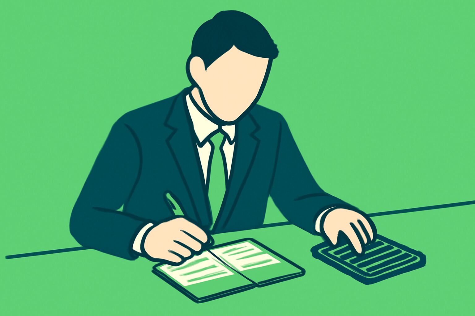 通帳と電卓を前に手続きをしているビジネスパーソンのフラットイラスト、緑と青の配色、テキストなし