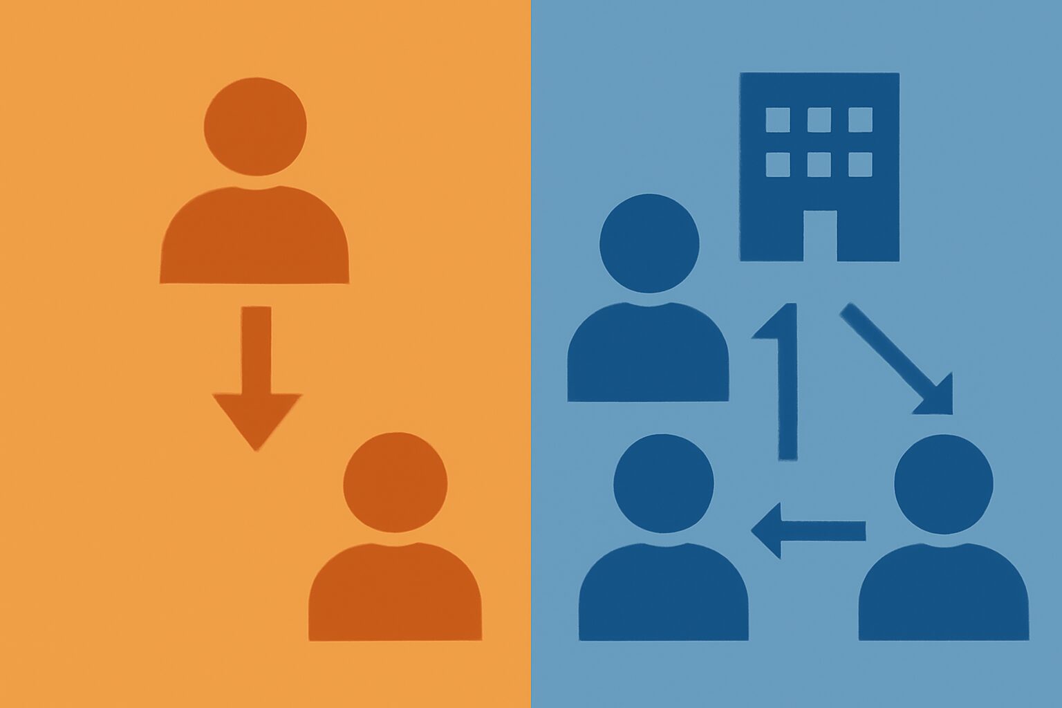 2社間と3社間のファクタリングの仕組みを比較する図解、左右に分かれた構成図、オレンジと青のツートーン、フラットデザイン、