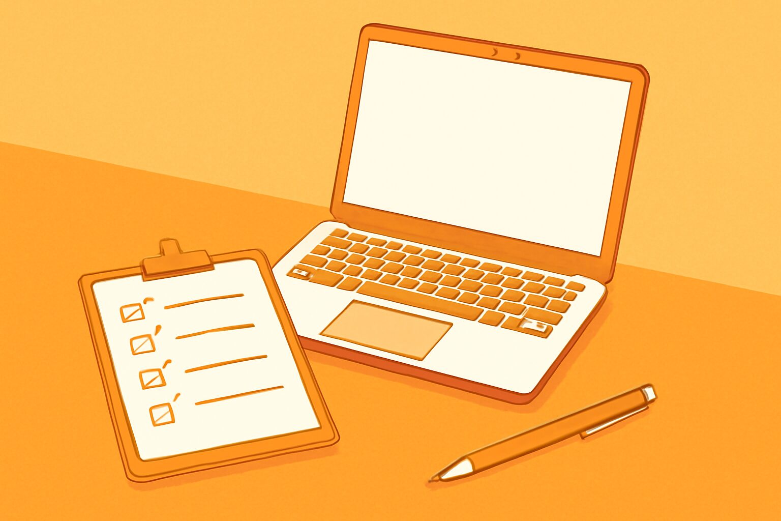 チェックリストとペンが置かれたデスクにノートパソコンがあるフラットイラスト、オレンジと白の配色、テキストなし