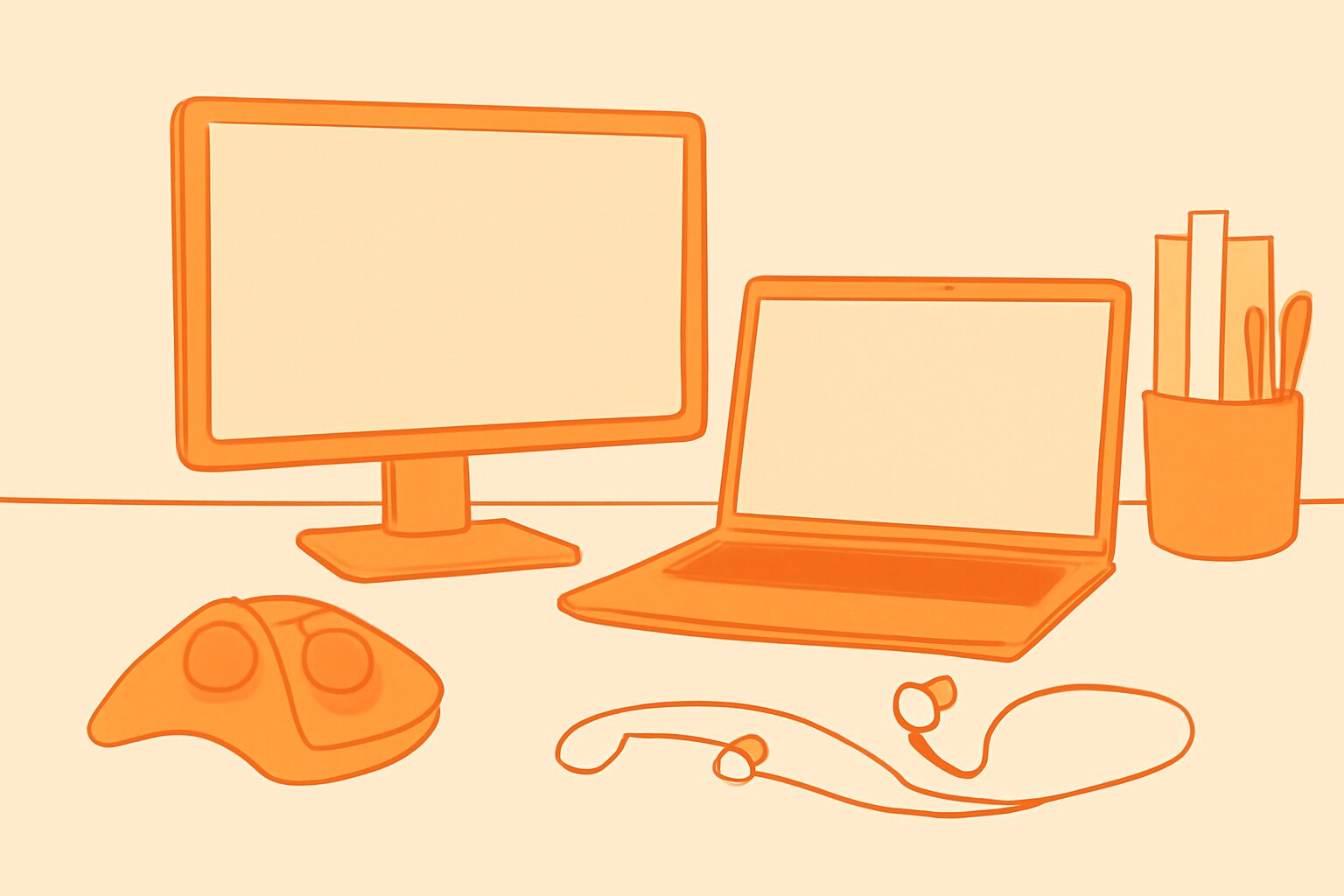 デスクにサブモニター・トラックボールマウス・ノイズキャンセリングイヤホンが置かれた快適なホームオフィスのフラットイラスト