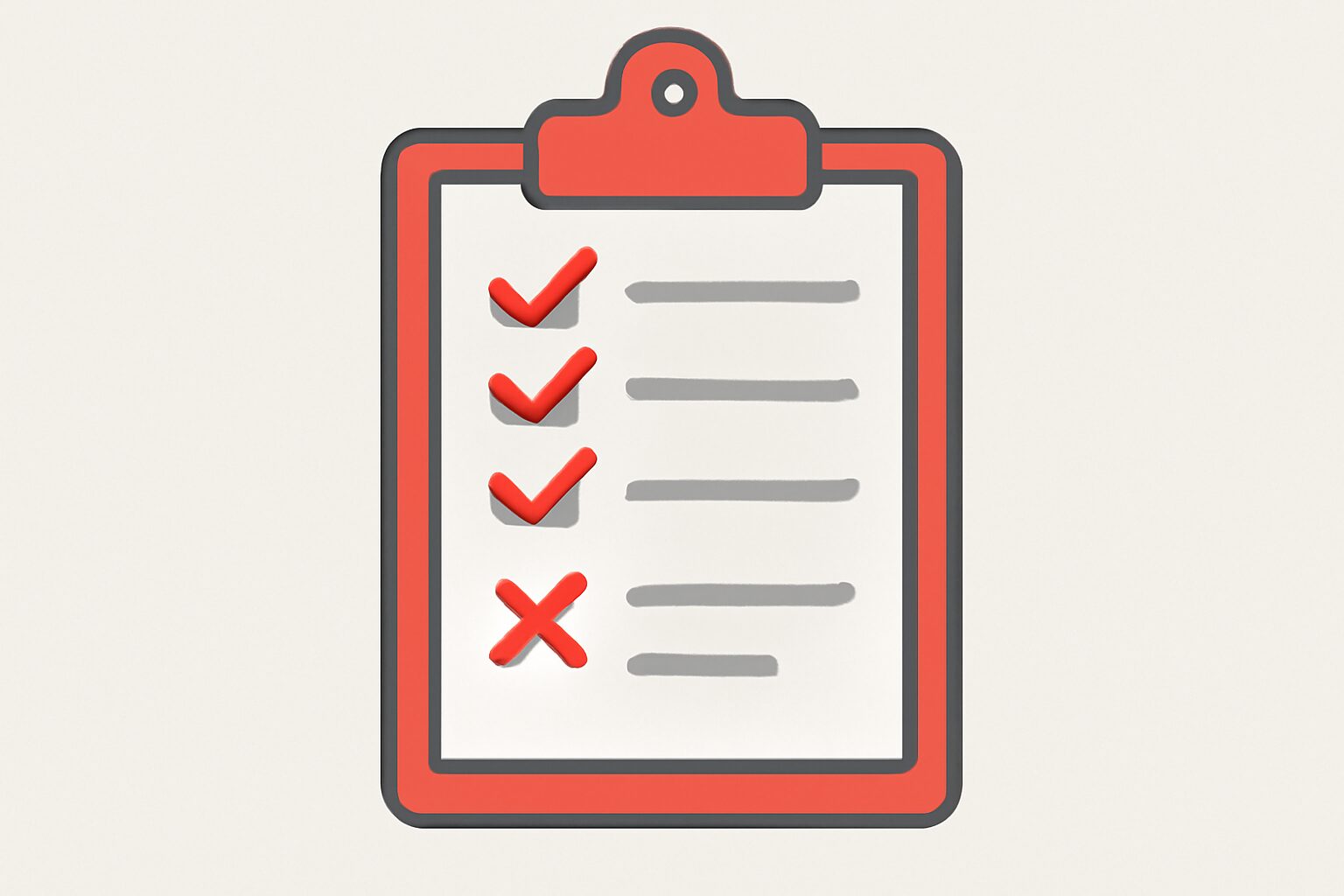 チェックリストとバツ印が描かれたクリップボードのフラットイラスト、赤とグレー系カラー、テキストなし