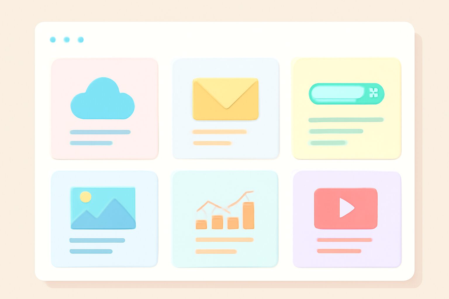 複数のWebサービスのカードが並んだダッシュボード画面のフラットイラスト、パステルカラー、テキストなし