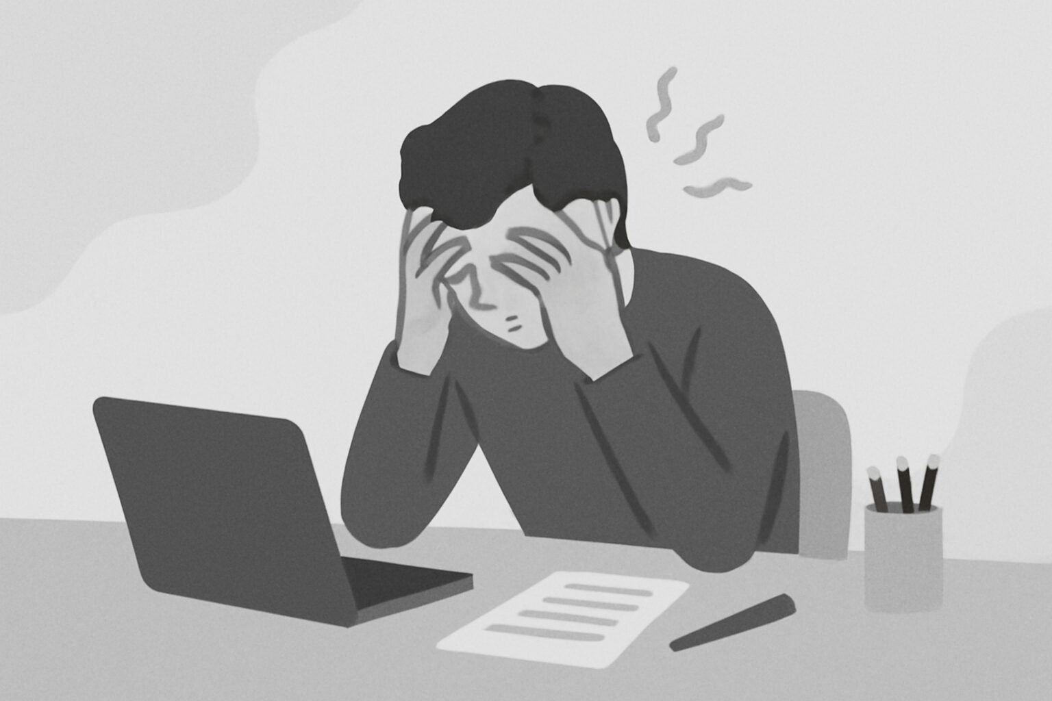 デスクで頭を抱えて悩んでいる人物のフラットイラスト、グレー系カラー、テキストなし