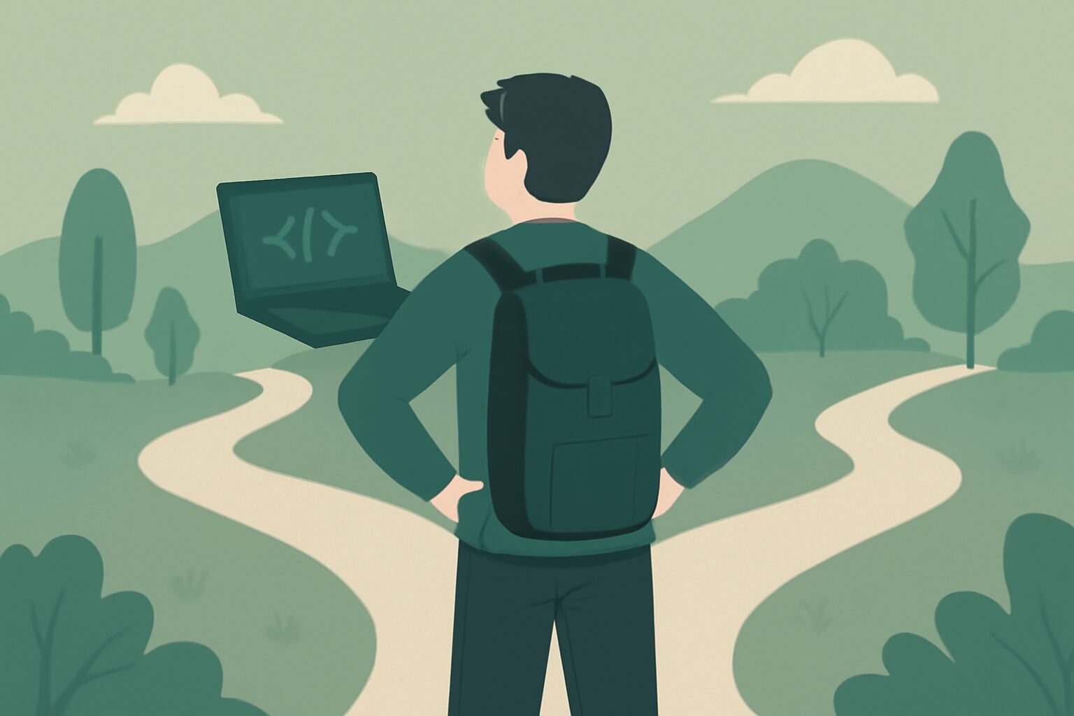 フリーランスのプログラマーが分岐する道の前に立って先を見つめているフラットイラスト、落ち着いたグリーン・グレー系カラー、