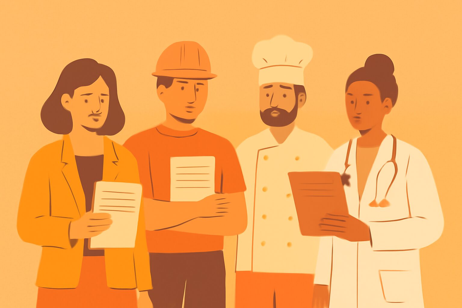 さまざまな職業の人物がそれぞれ書類を持っているシーンのフラットイラスト、オレンジ系カラー、テキストなし