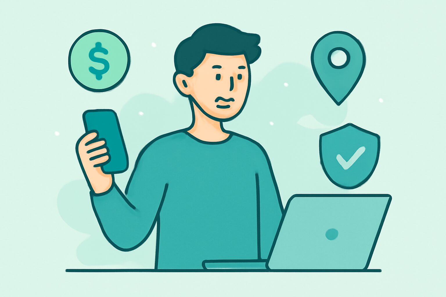 スマートフォンとノートパソコンを持ちながら笑顔で仕事をしているフリーランス人物のフラットイラスト、コイン・住所ピン・シー