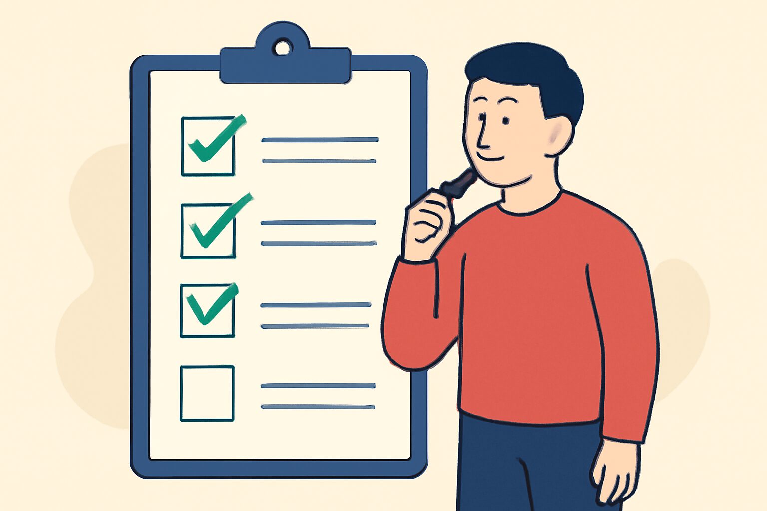 チェックリストを確認する人物のフラットイラスト、チェックマークが入っている項目と空欄の項目がある、テキストなし