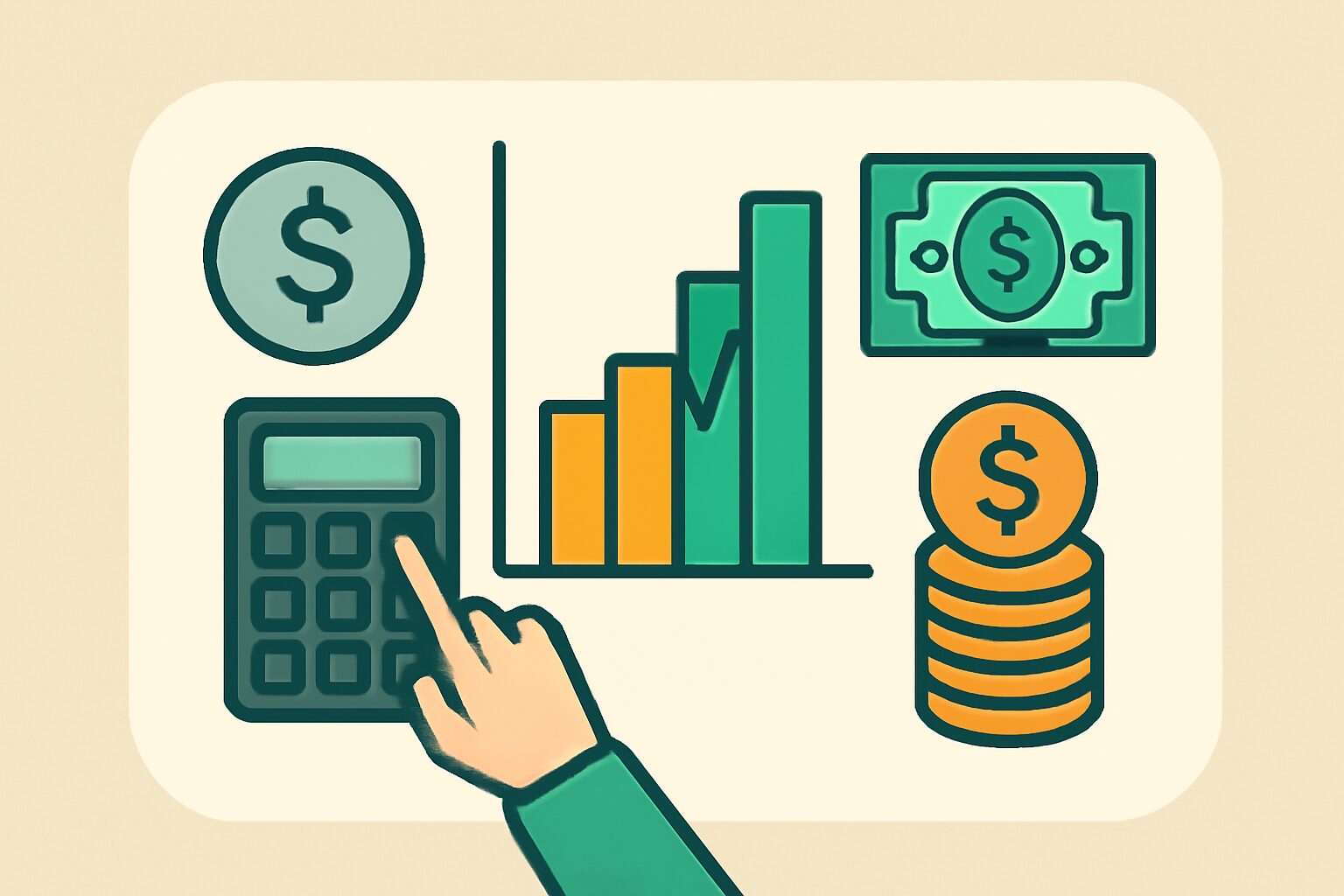 電卓とグラフを使って計算するイラスト、コインやお札のアイコン付き、比較をテーマにしたデザイン、テキストなし