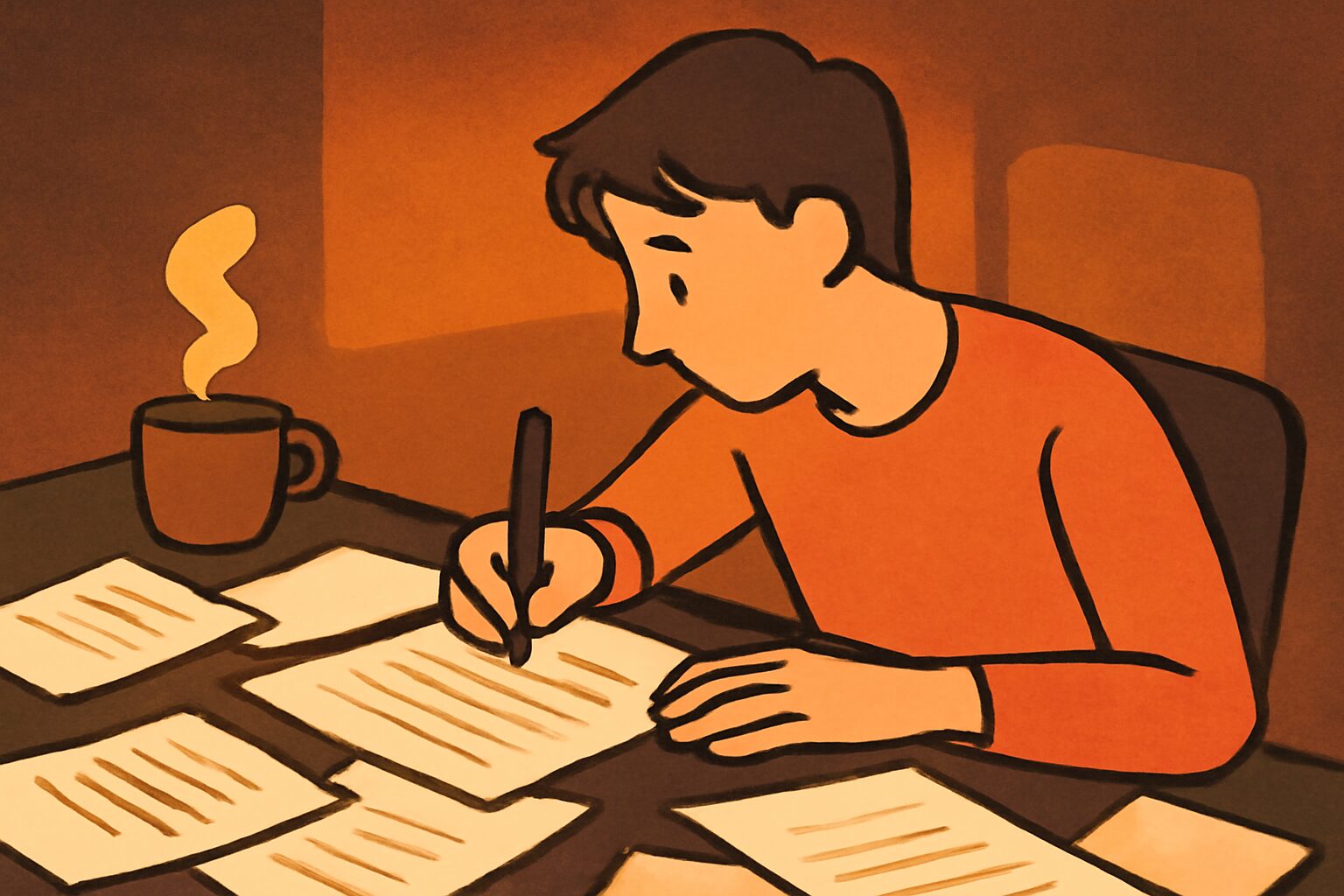 デスクに散らばった書類とコーヒーカップ、夜遅くまで作業するライターのフラットイラスト、暖色系、テキストなし