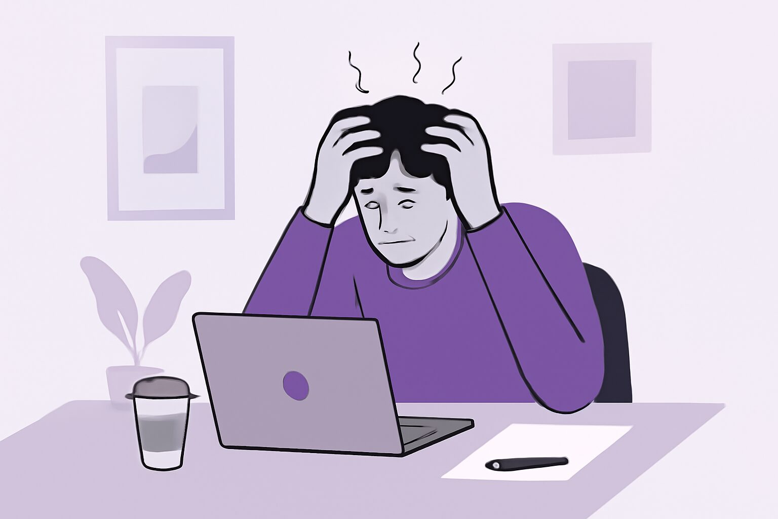 パソコンの前で頭を抱えるフリーランサーのフラットイラスト、紫とグレーの配色、テキストなし