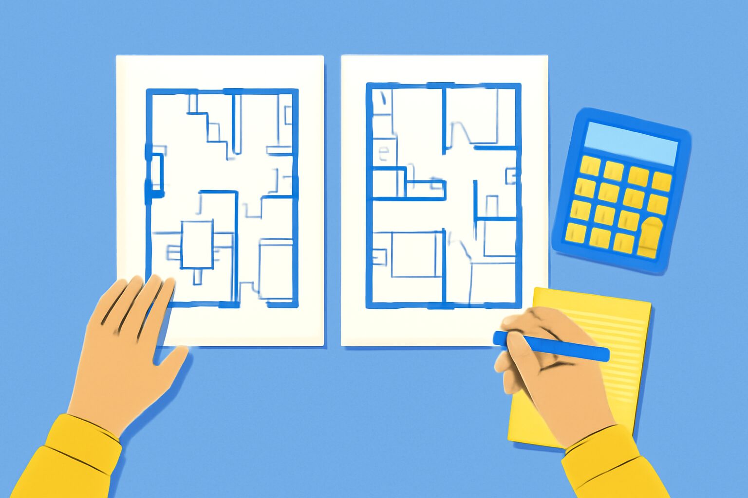 間取り図と電卓とメモを並べて物件を比較検討しているフラットイラスト、ブルー・イエロー系カラー、テキストなし