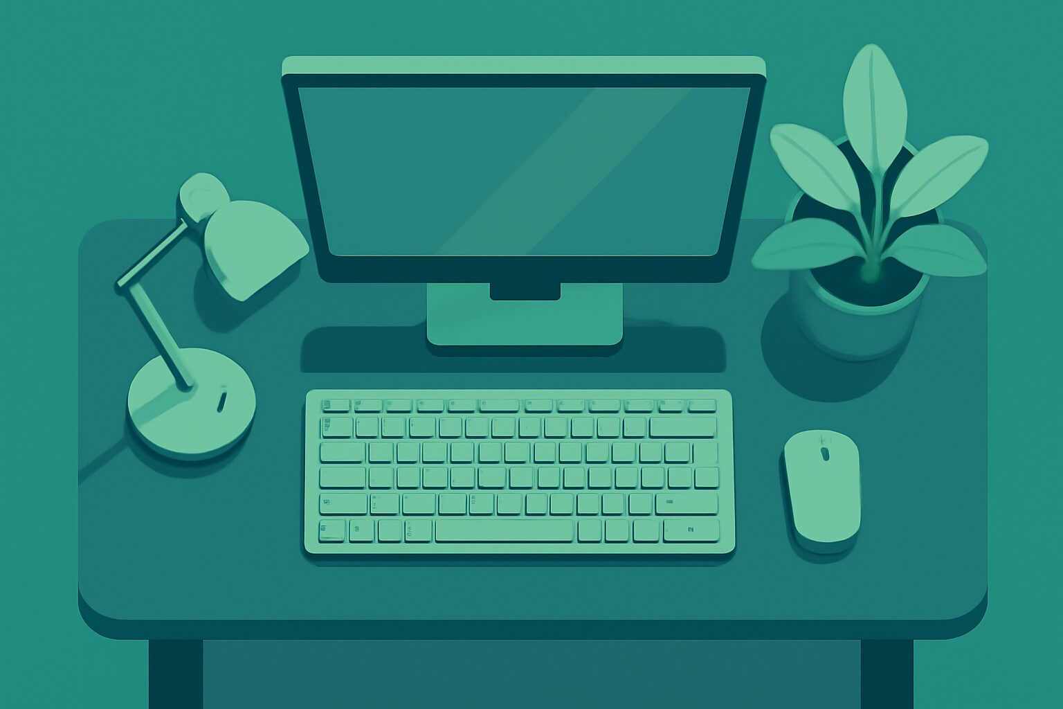 整理されたホームオフィスのデスク周りを上から俯瞰したフラットイラスト、モニター・キーボード・デスクライト・観葉植物が配置