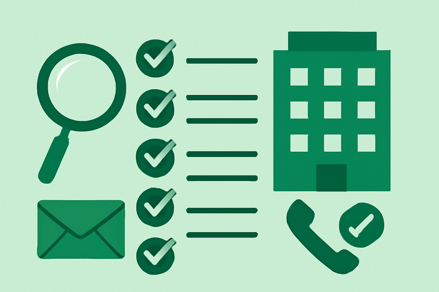 バーチャルオフィス選びの4つのポイントをチェックリスト形式で示すフラットイラスト。虫眼鏡・建物・封筒・電話・チェックマー