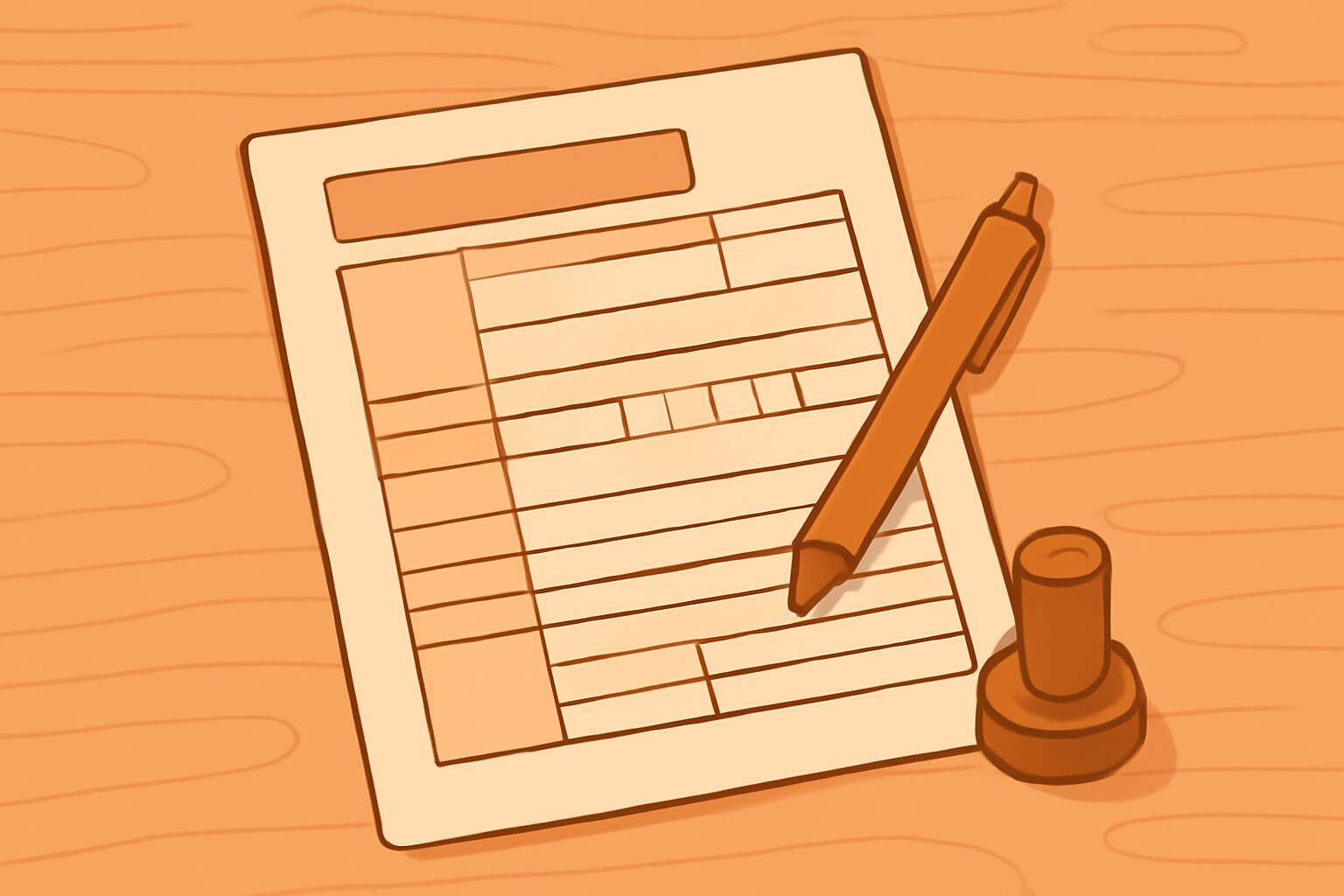 デスクの上に開業届の用紙・ボールペン・印鑑が置かれているフラットイラスト、手順のイメージ、テキストなし、オレンジ系カラー