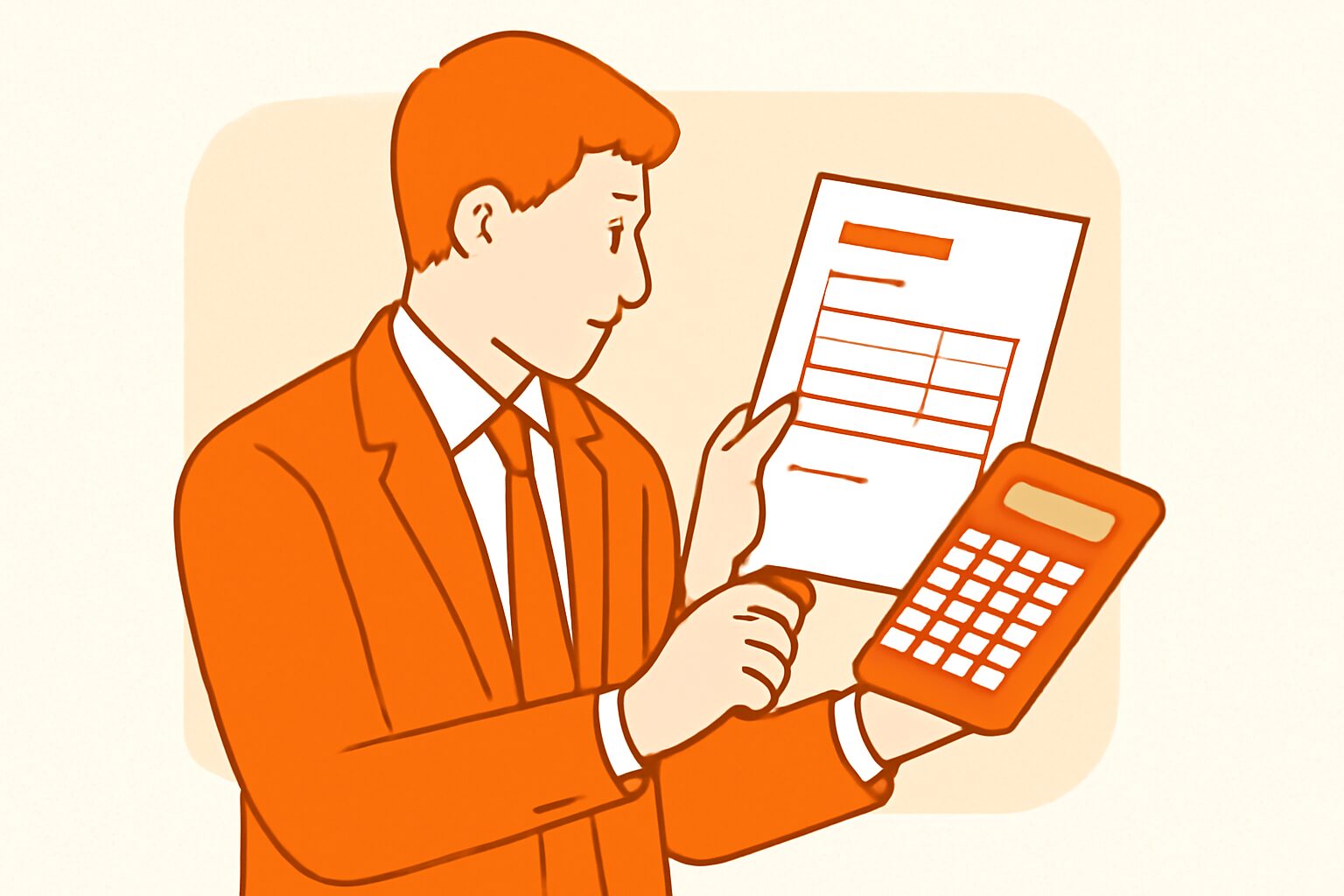 電卓と報酬明細を見比べているビジネスパーソンのフラットイラスト、オレンジと白のカラースキーム、テキストなし