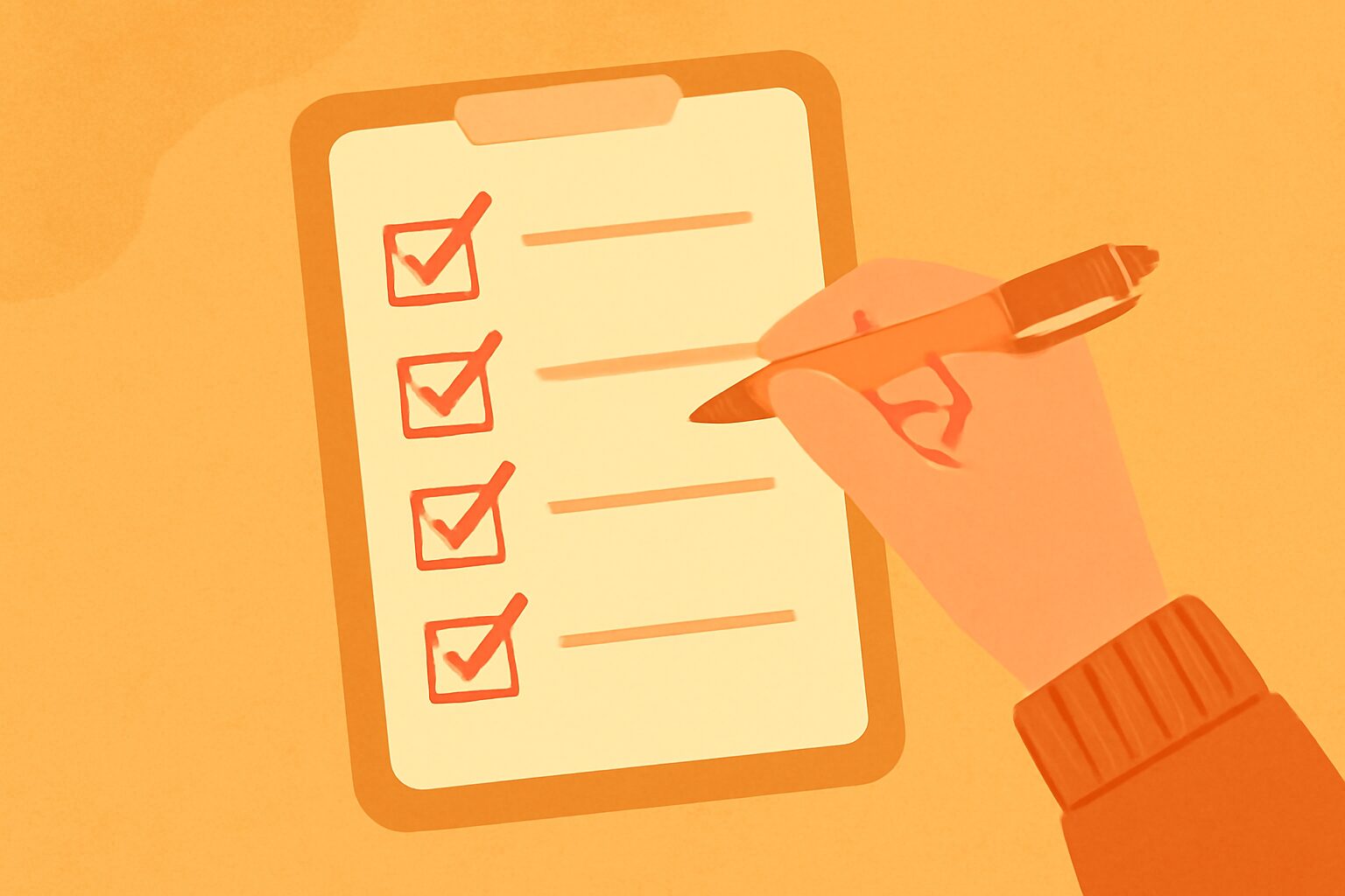 チェックリストとペンを持つ手のフラットイラスト、準備・段取りのイメージ、暖色系、テキストなし