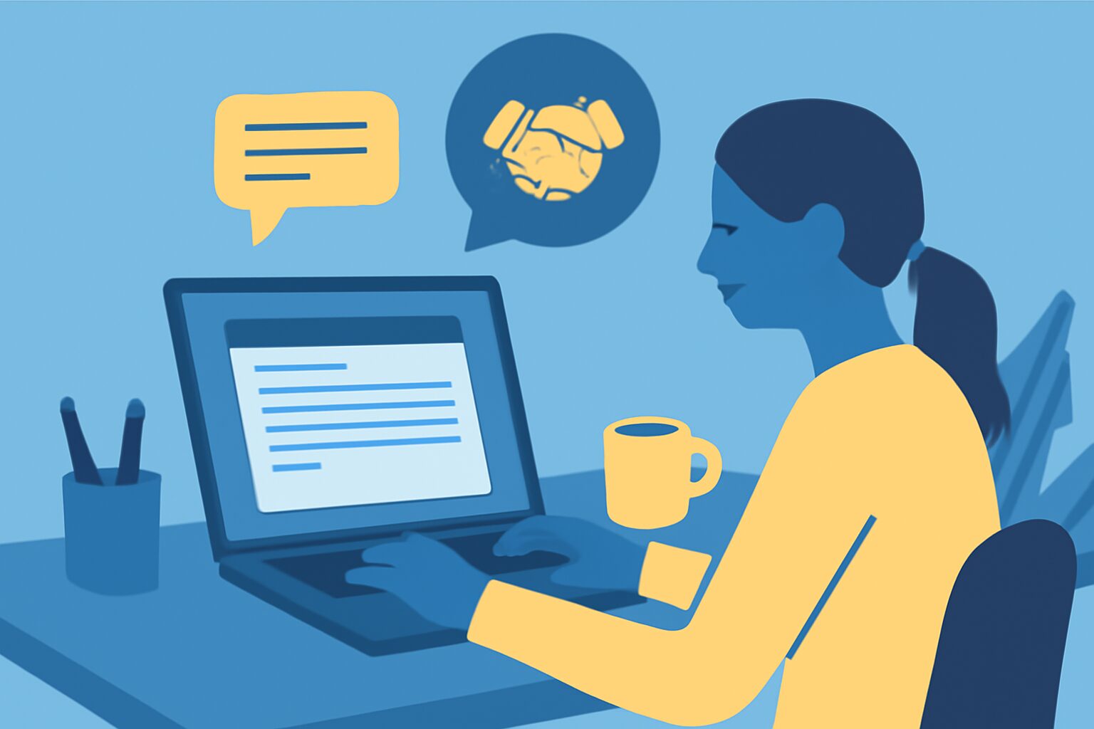 メールを作成しているWebライターのデスクのフラットイラスト、チャットの吹き出しと握手アイコン、青と黄色の配色、テキスト