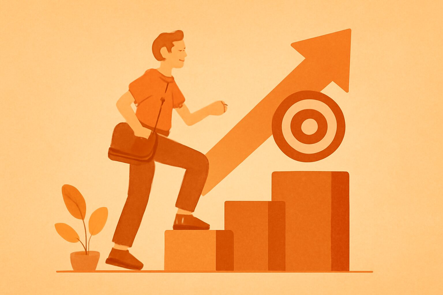 目標に向かってステップアップしているフリーランスのフラットイラスト、階段状の成長イメージ、オレンジ系カラー、テキストなし