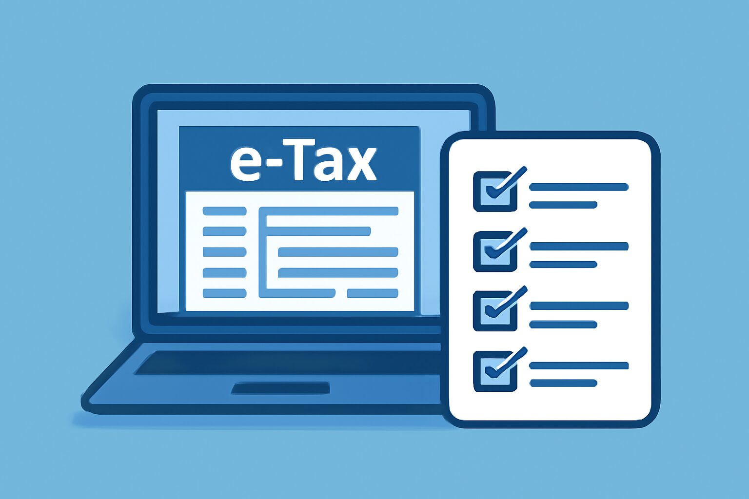 パソコン画面にe-Taxの申請フォームが表示され、横にチェックリストが描かれたフラットイラスト、青系カラー、テキストなし