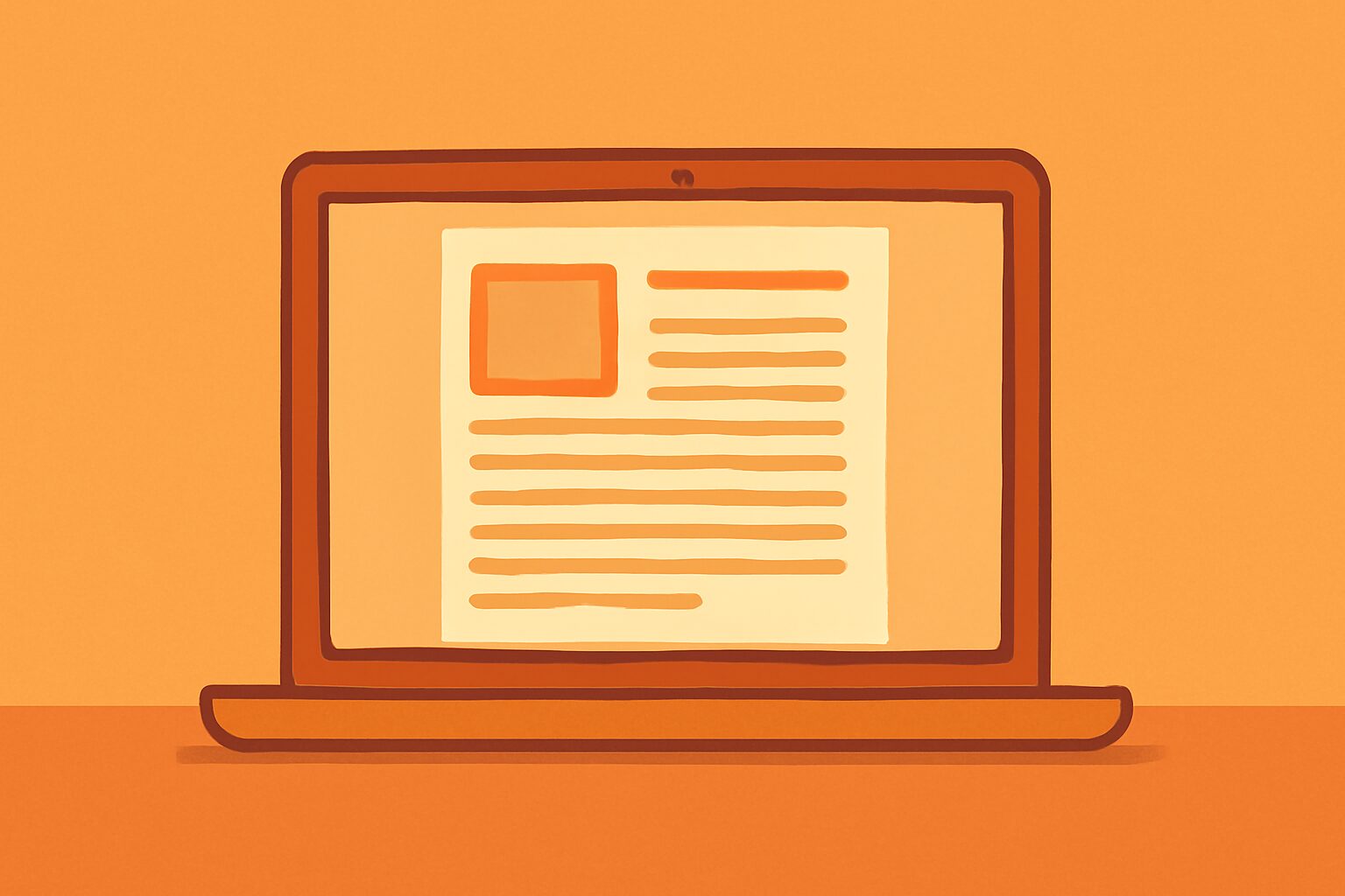 パソコン画面にテンプレート書類が表示されているフラットイラスト、オレンジ系カラー、テキストなし