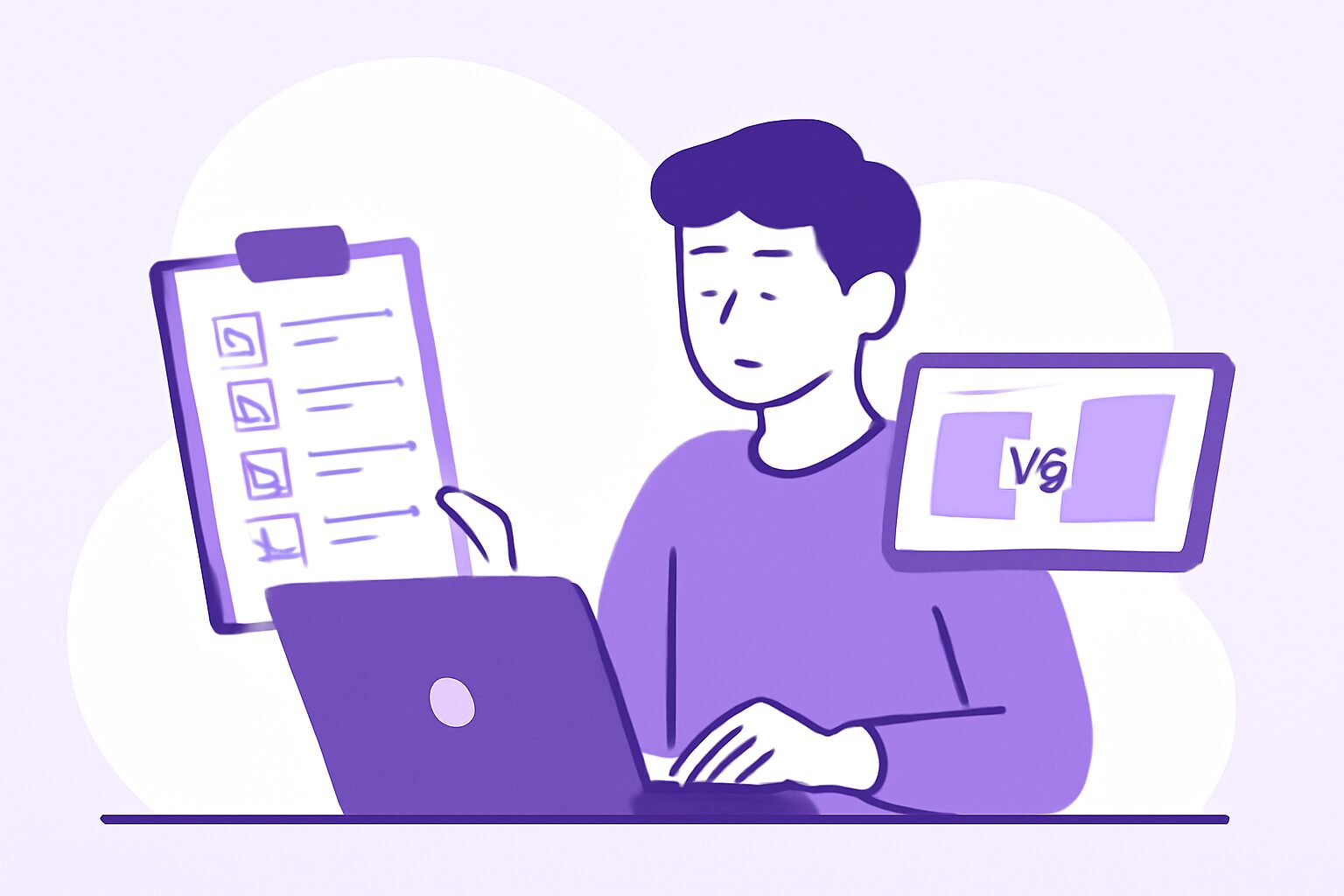 チェックリストを持ちながらノートパソコンでツールを比較検討している人物のフラットイラスト、パープルとホワイト系カラー、テ