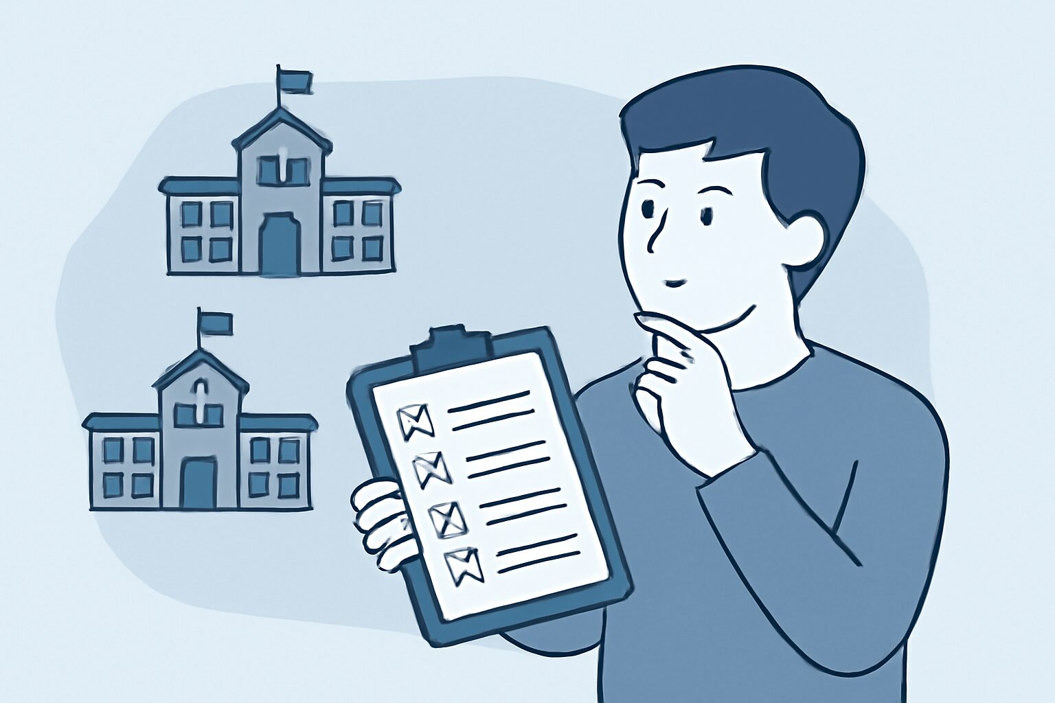 チェックリストを手に持ちながらスクール比較を行っている人物のフラットイラスト、ブルー・グレー系カラー、テキストなし