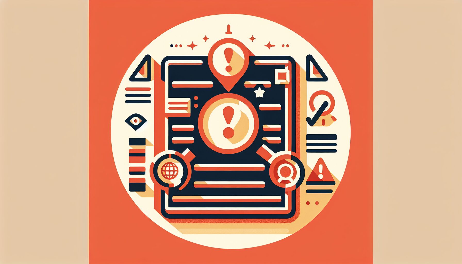 注意マークとチェックリスト(ファクトチェック・著作権・AI検知)を組み合わせたフラットイラスト、アンバー系カラー、テキス