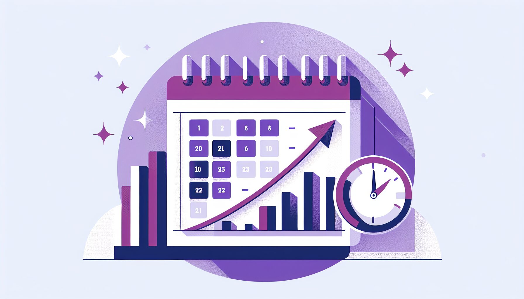 カレンダーと右肩上がりの収益グラフが並んだフラットイラスト、パープル系カラー、6ヶ月間のステップが階段状に示されている、