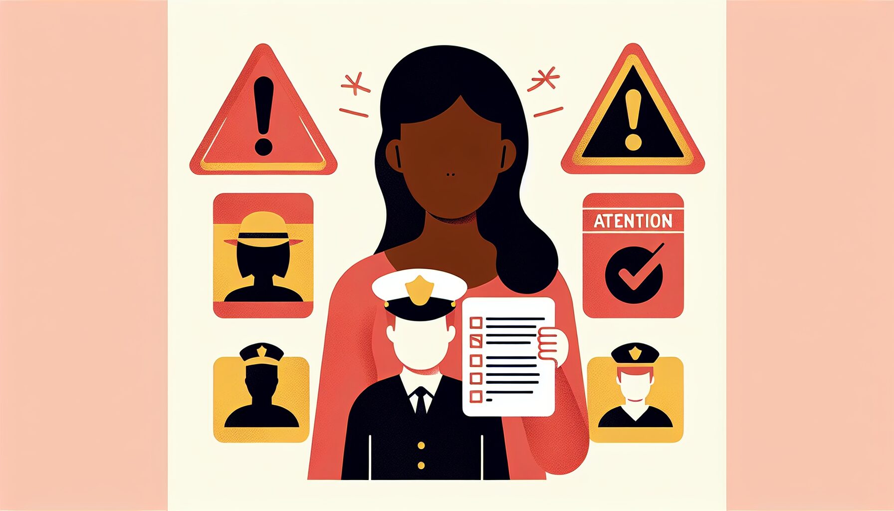 注意マークとチェックリストを確認する人物のフラットイラスト。警告サインと安全マークが並んでいる。アンバー・レッド系カラー