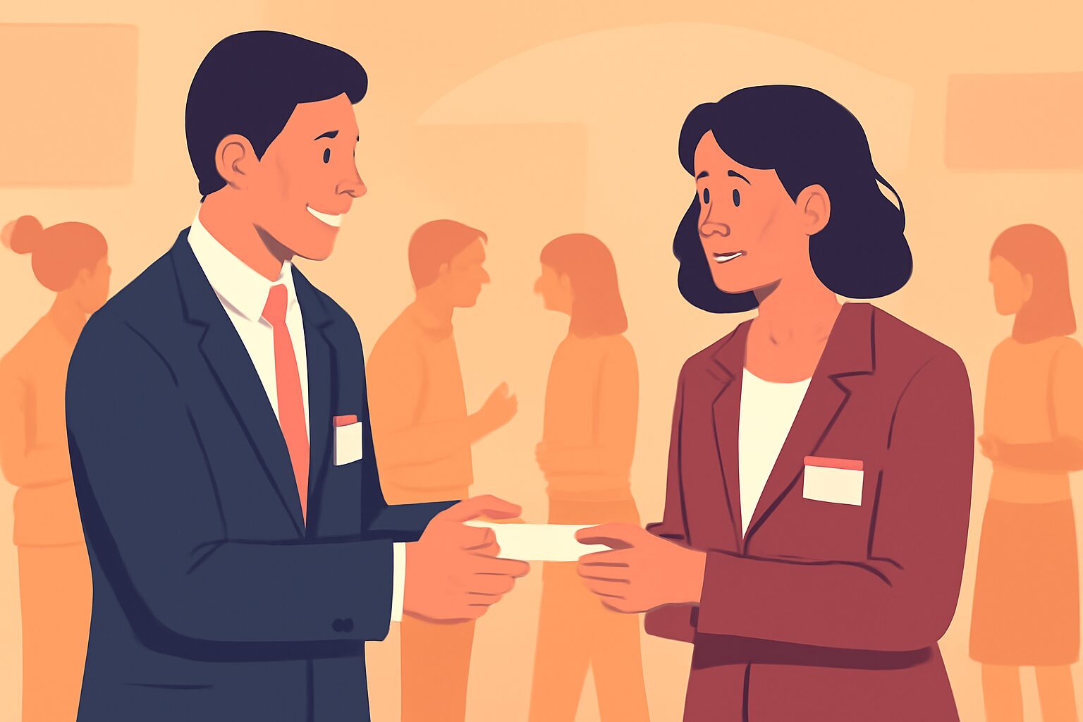 二人のビジネスパーソンが笑顔で名刺交換をしているフラットイラスト、背景にネットワーキングイベントの様子、暖色系の柔らかい