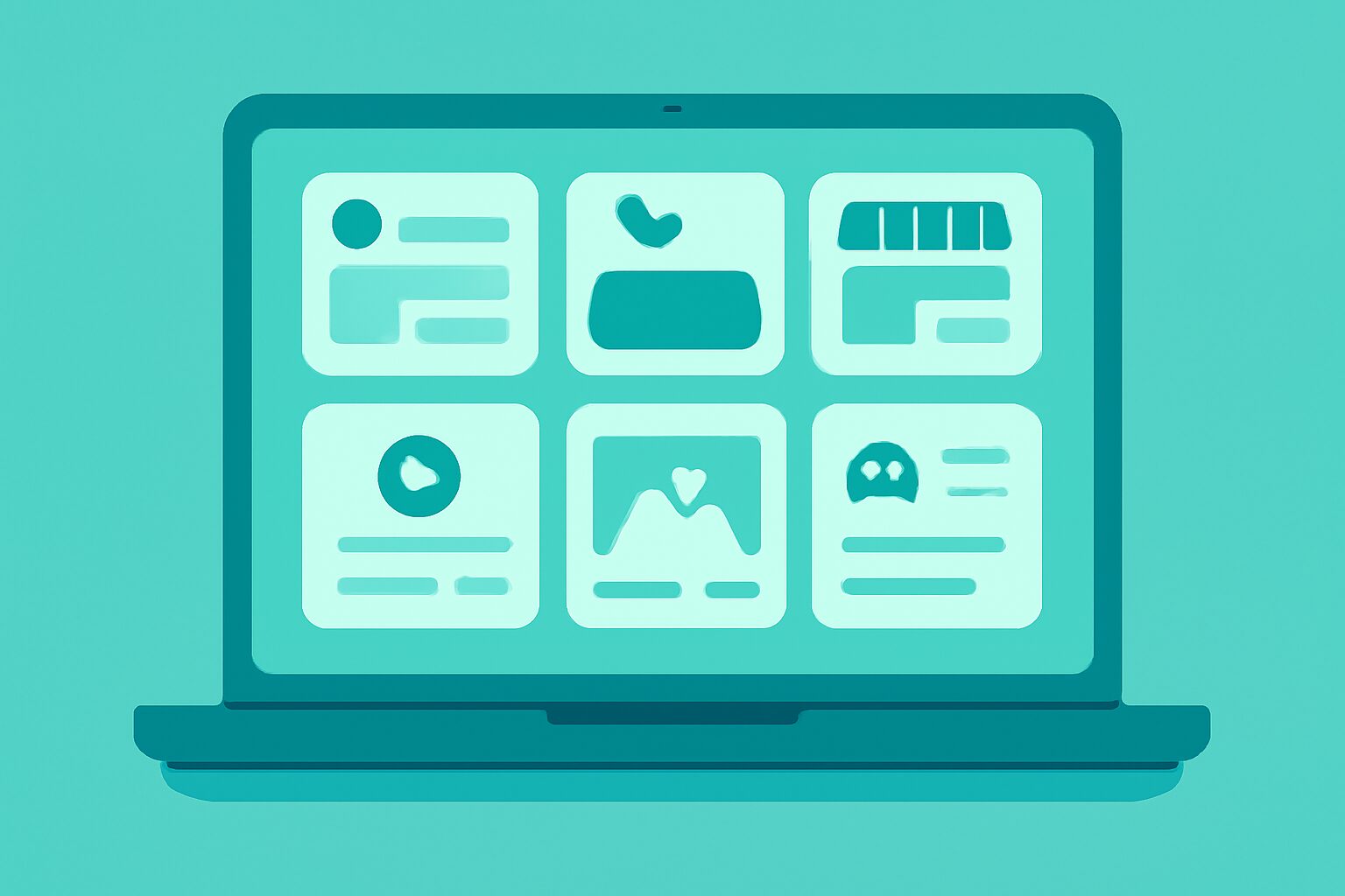 パソコン画面にさまざまなプラットフォームのカードが表示されているフラットイラスト、明るい青緑系カラー、テキストなし