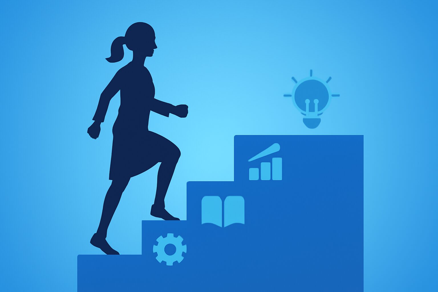 ステップアップを表現したイラスト、階段を上っていく女性のシルエットと各段にスキルアイコン、ブルー系グラデーション、テキス