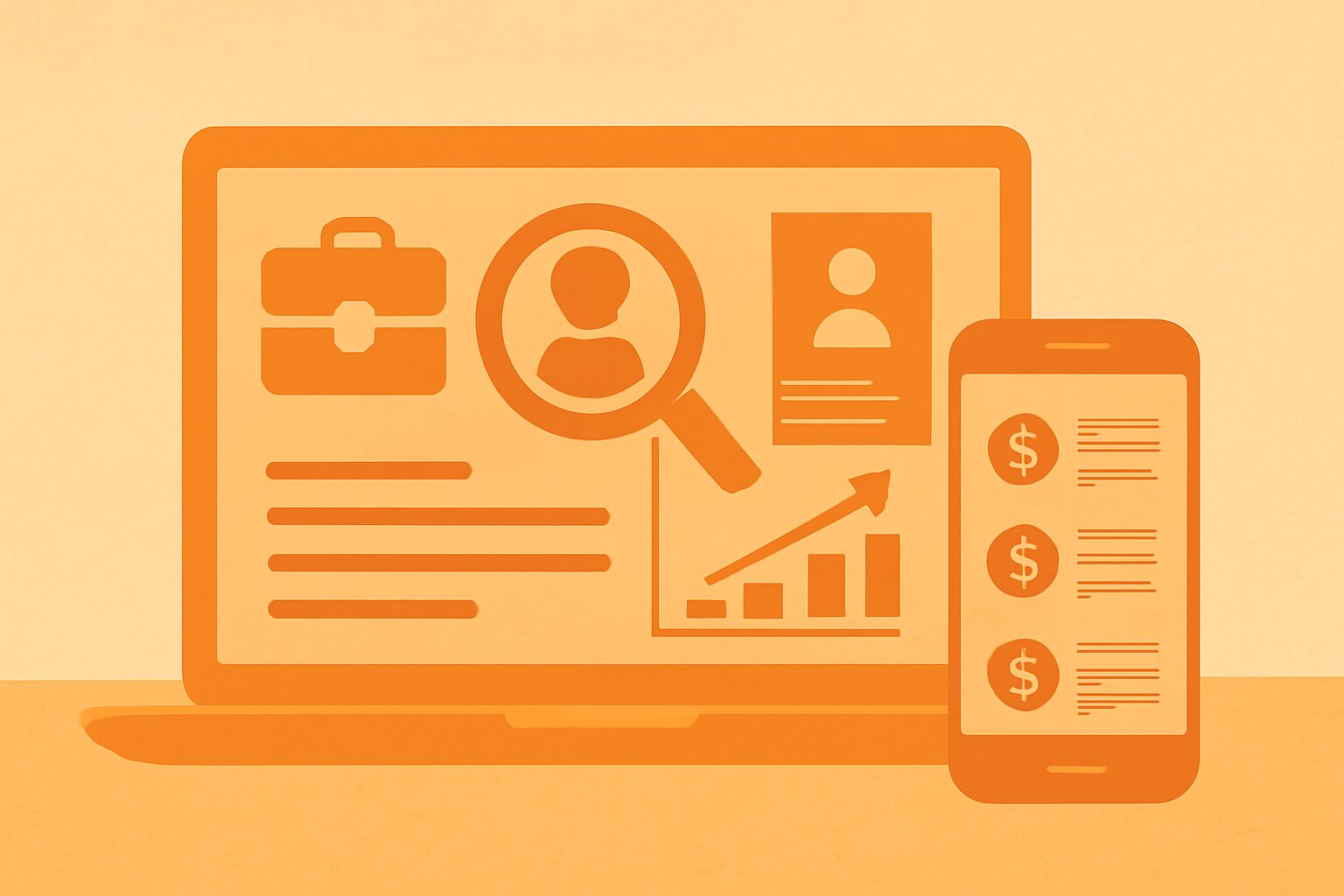 ノートパソコンとスマートフォンの画面にさまざまな仕事プラットフォームが表示されているフラットイラスト、オレンジ系カラー、