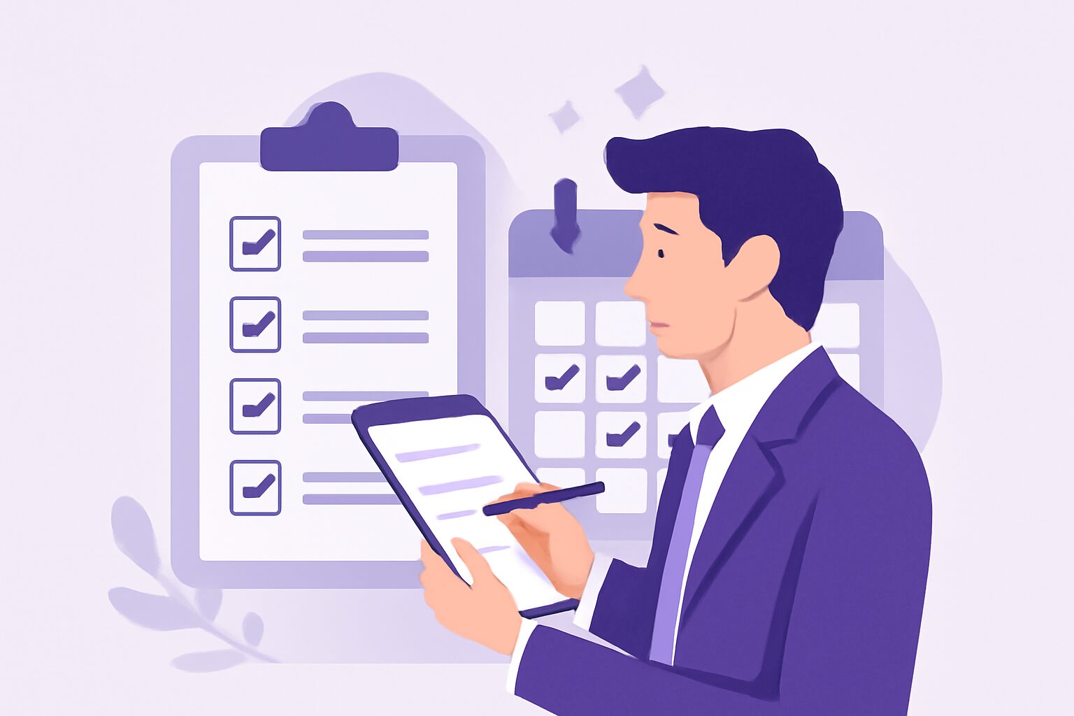 チェックリストとカレンダーを確認するビジネスパーソンのフラットイラスト、パープル・ホワイト系カラー、テキストなし