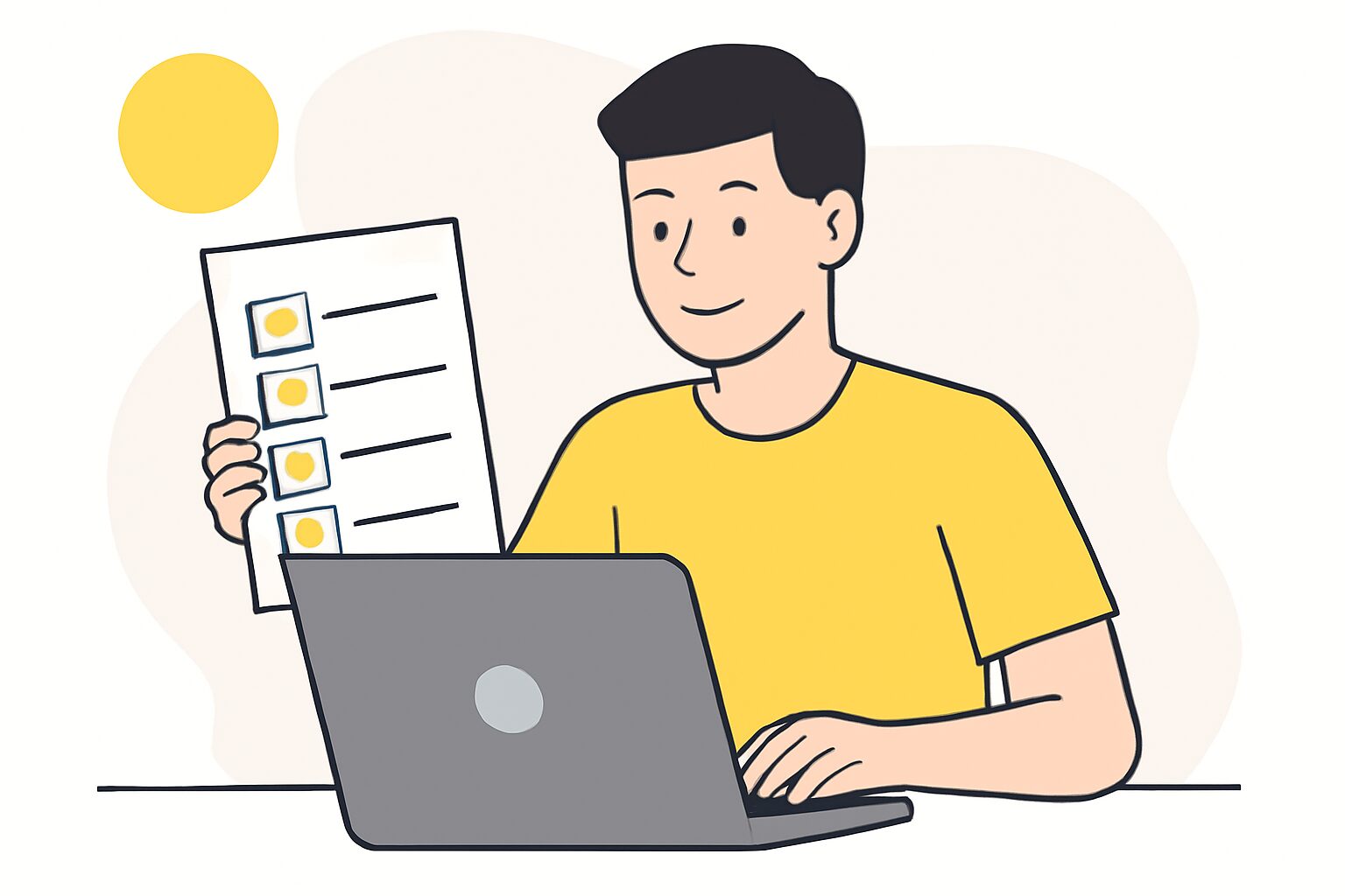 チェックリストを確認しながらパソコンで作業する人物のフラットイラスト、黄色とグレーのアクセント、テキストなし