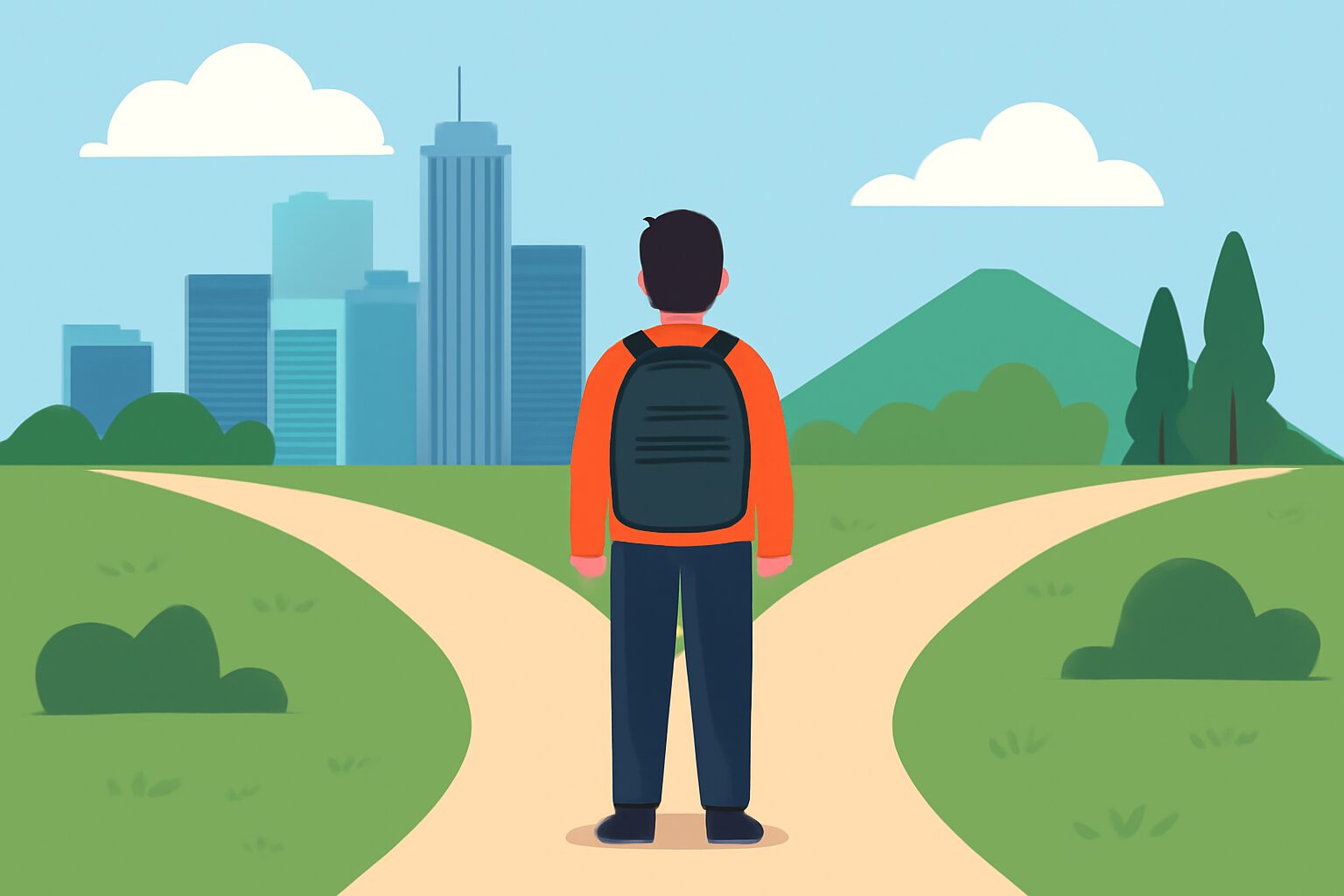 分岐する道の前に立つ人物のフラットイラスト、一方はビル群もう一方は自然の風景、テキストなし