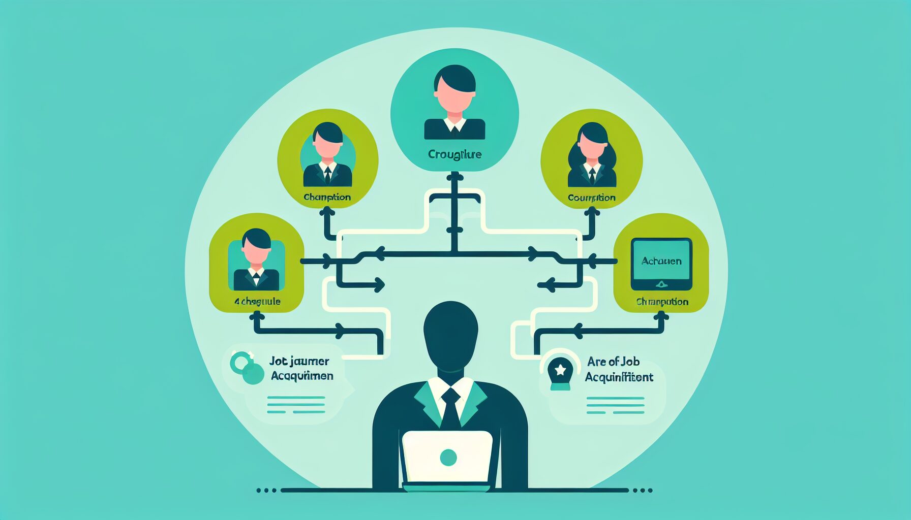 4つの仕事獲得チャネルを分岐図で示したフラットイラスト、人物アイコンとパソコン付き、グリーン系カラー、テキストなし