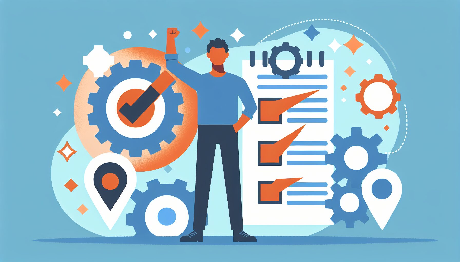 チェックリストを手に持ちガッツポーズをする人物のフラットイラスト、背景に歯車と矢印の仕組みを示すアイコン、青とオレンジの