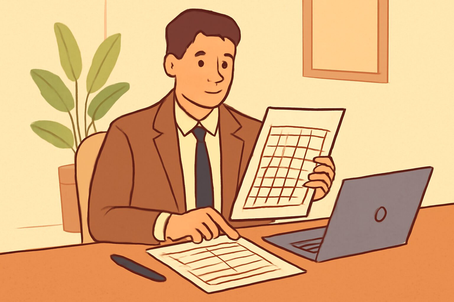 会社員がデスクで確定申告書類を確認しているフラットイラスト、温かみのある配色、テキストなし