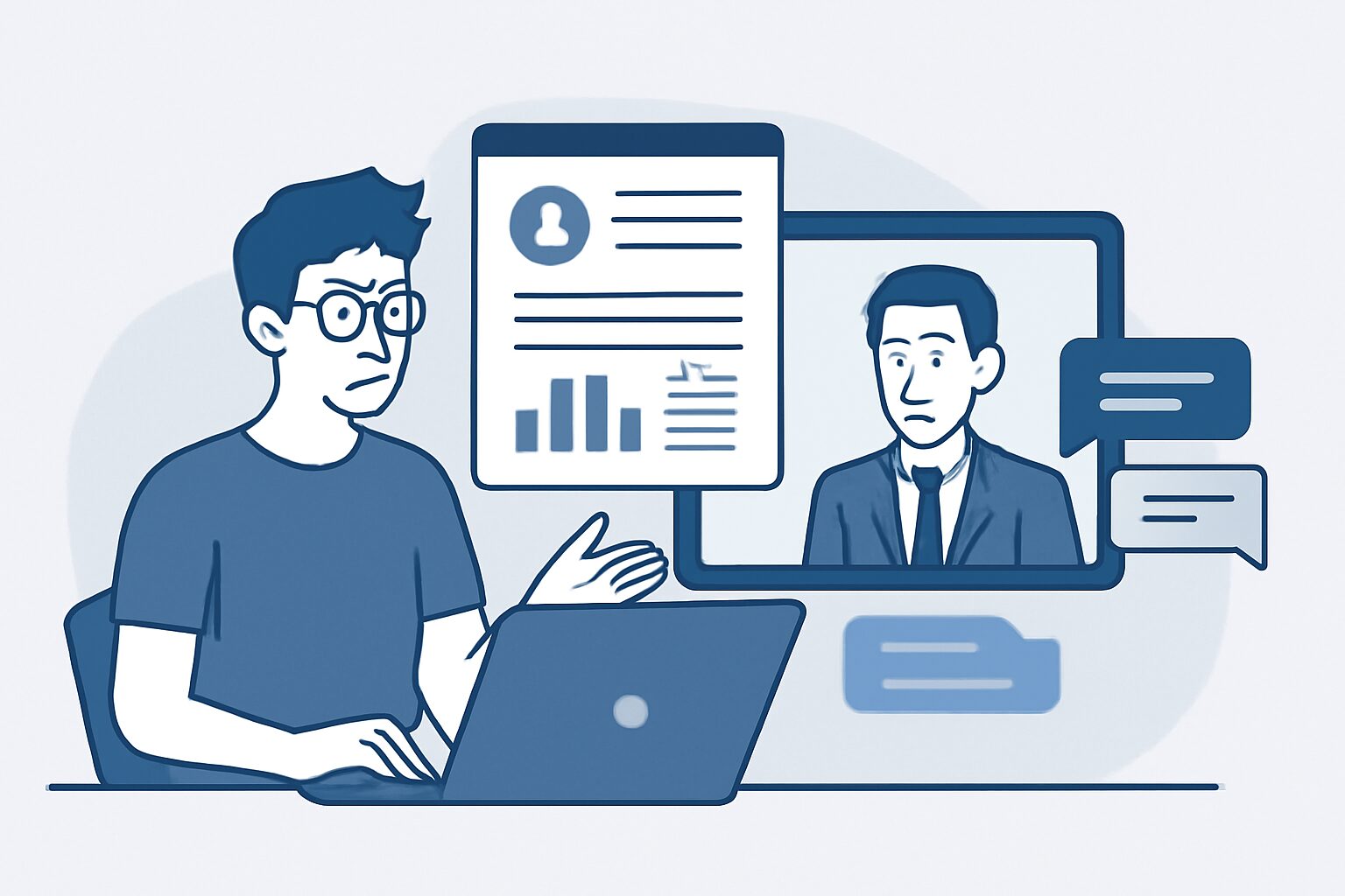 フリーランスプログラマーがエージェントの担当者とオンライン面談しているフラットイラスト、パソコン画面・案件資料・チャット