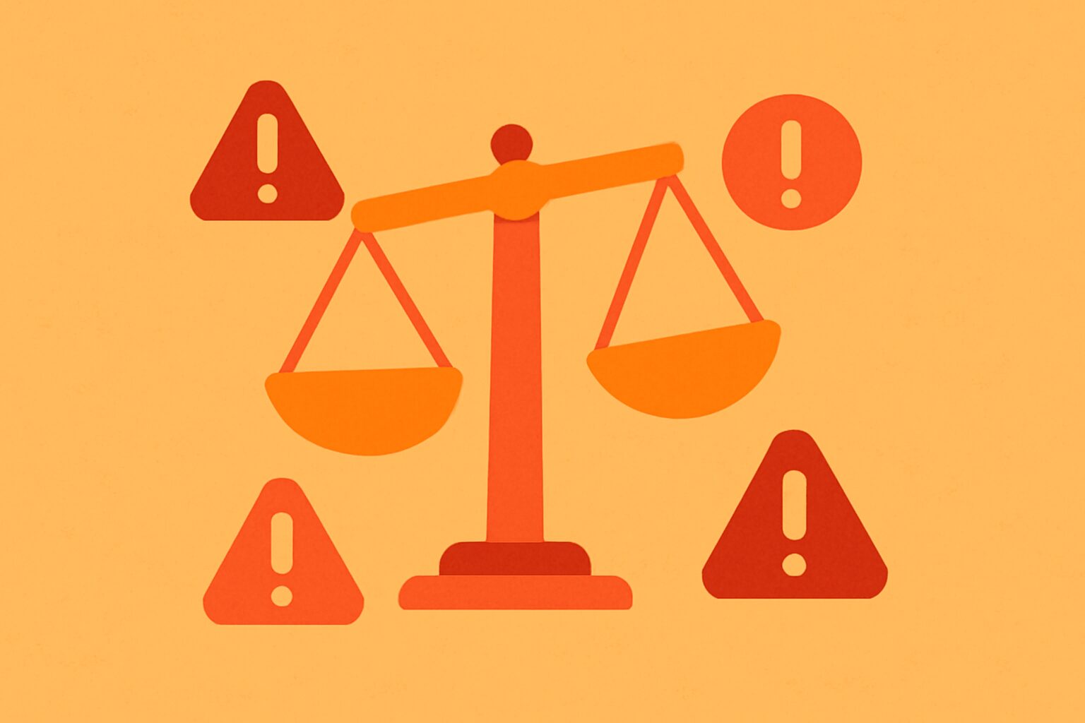 天秤の片側が傾いているフラットイラスト、注意アイコンや警告マークが周囲に配置されたデザイン、オレンジと赤系カラー、テキス