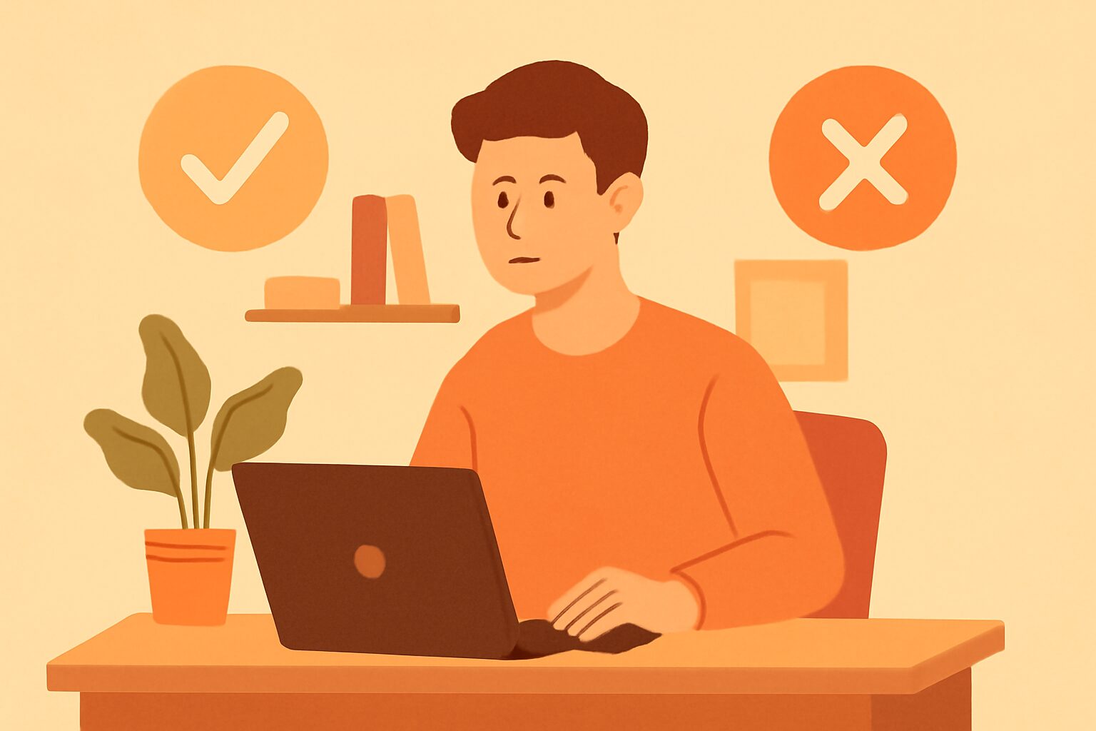 自宅のデスクでリモートワークをしている人物とチェックマーク・バツマークのフラットイラスト、暖色系カラー、テキストなし